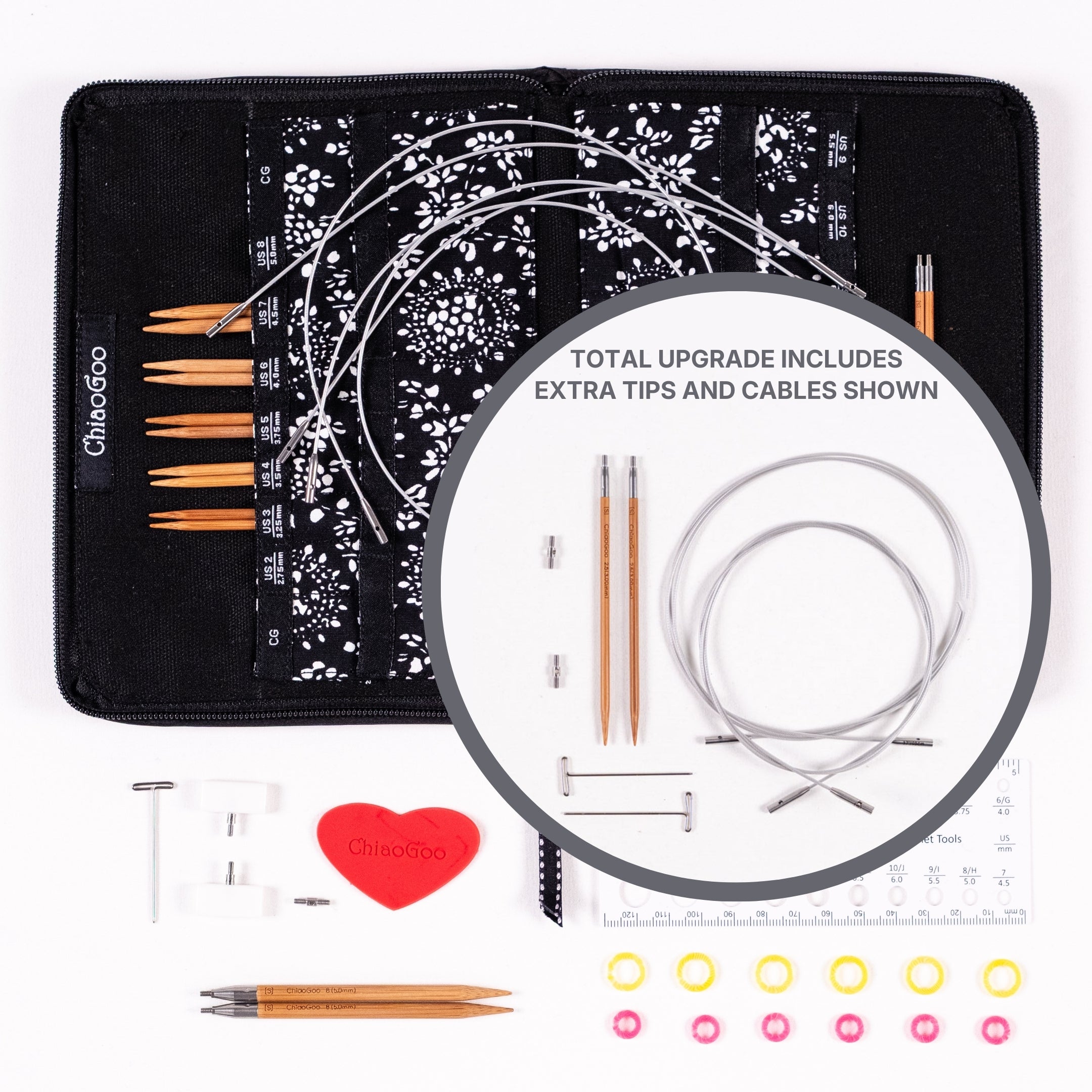 Flat lay of ChiaoGoo 4in Small SPIN bamboo set of interchangeable knitting needles with case, tips, cables, and accessories on a white background with circle inset showing tips and cables upgrade option