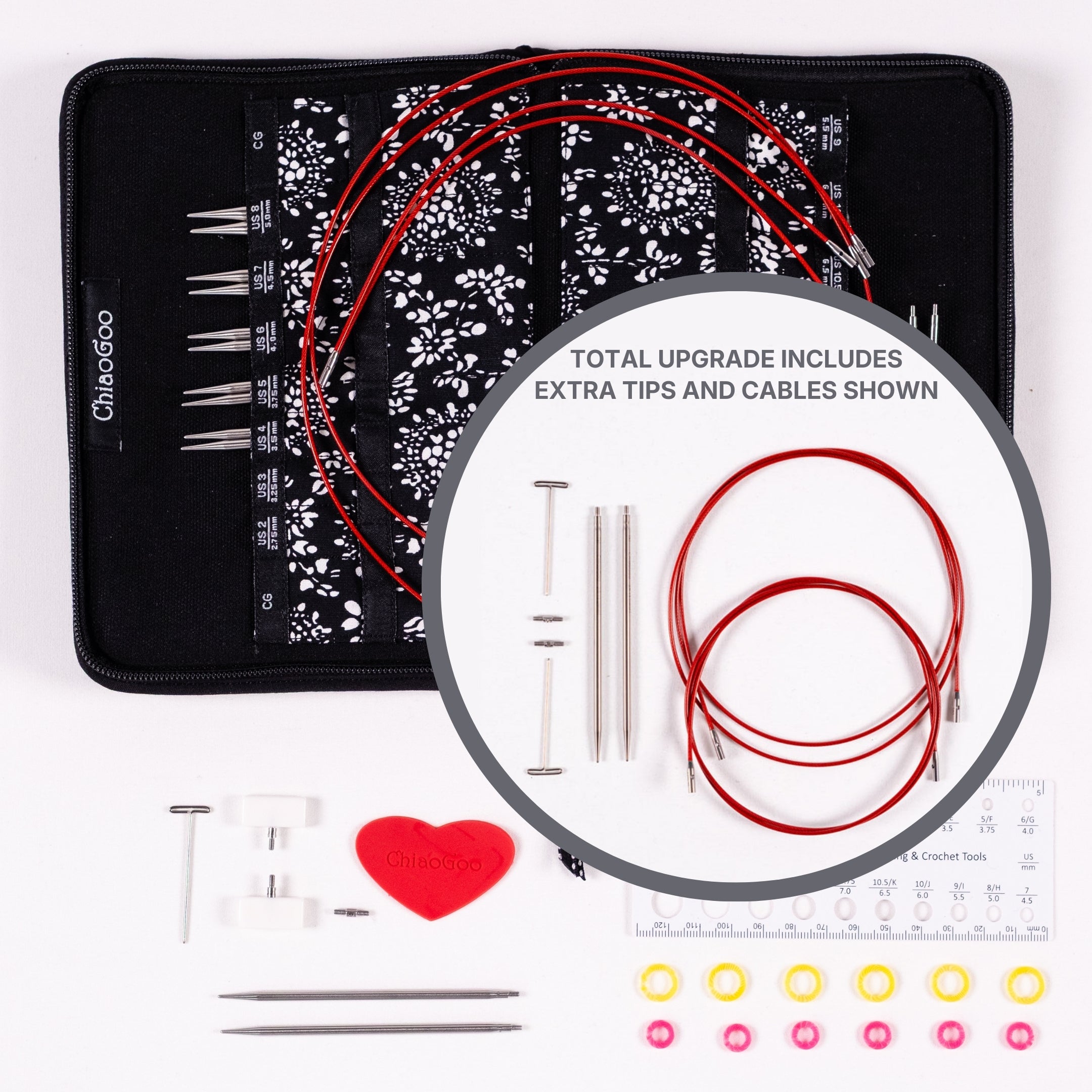 Flat lay of ChiaoGoo 4in Small Stainless Steel set of interchangeable knitting needles with case, tips, cables, and accessories on a white background with circle inset showing tips and cables upgrade option