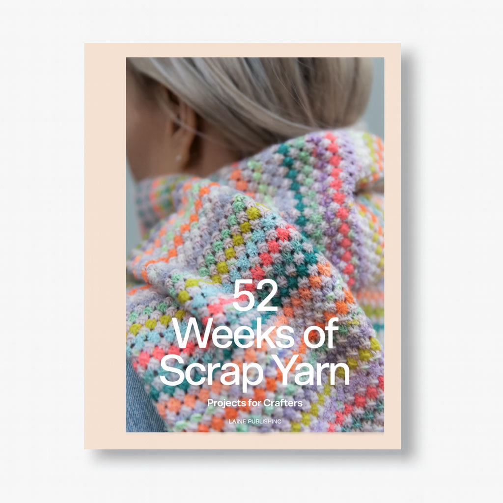 Book cover titled '52 Weeks of Scrap Yarn' with a colorful knitted scarf on a white background