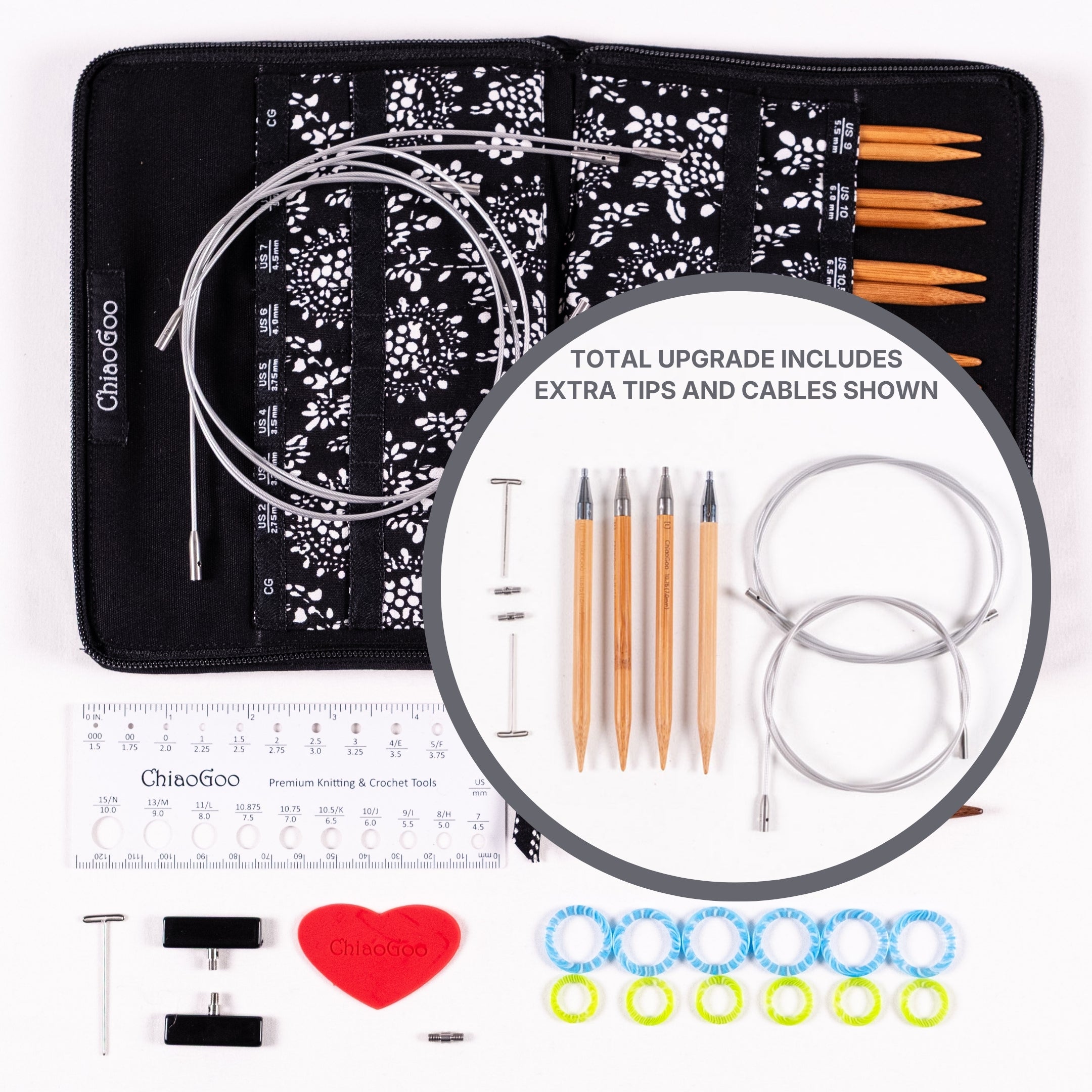 Flat lay of ChiaoGoo 5in Large SPIN bamboo set of interchangeable knitting needles with case, tips, cables, and accessories on a white background with circle inset showing tips and cables upgrade option