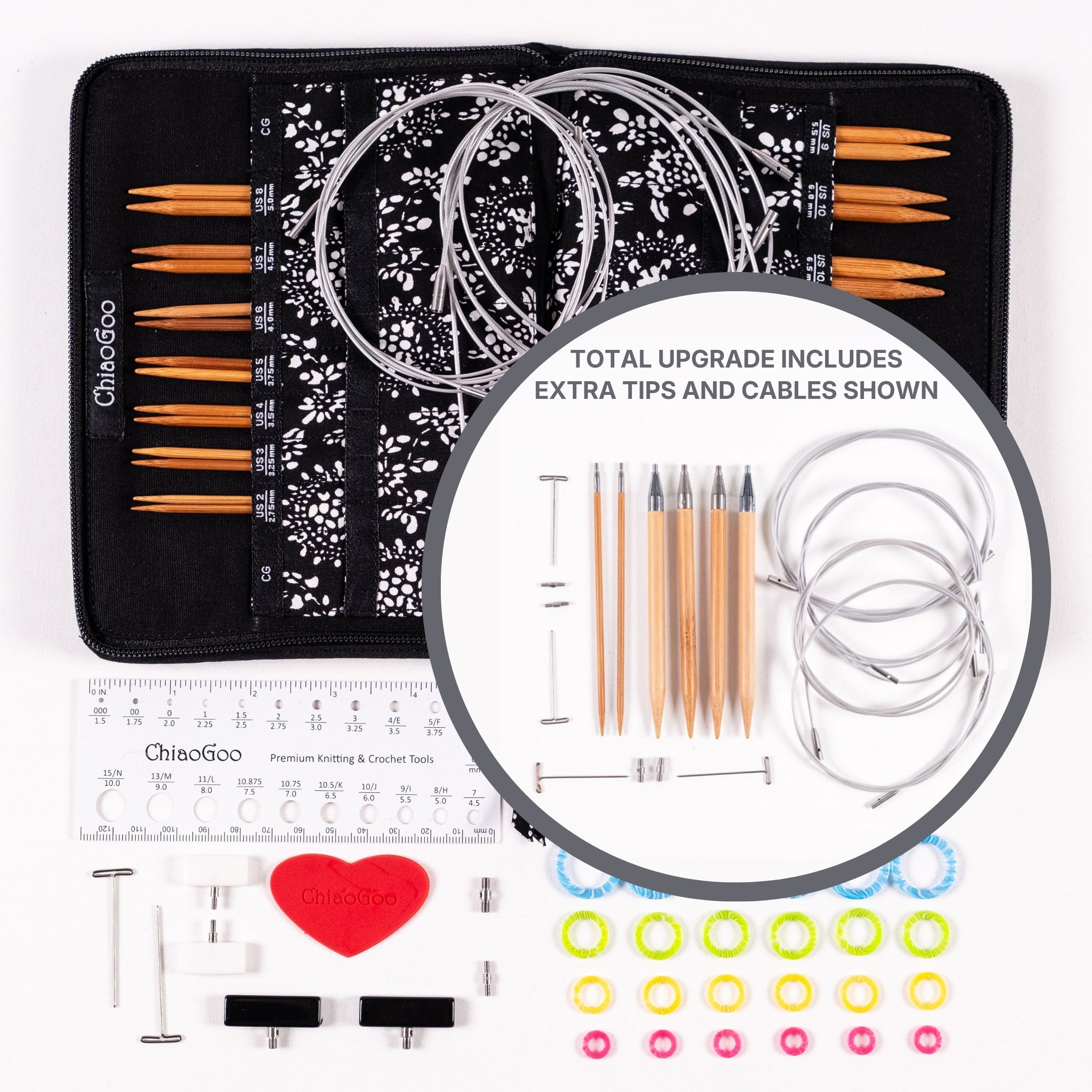 Flat lay of ChiaoGoo 5in Complete bamboo SPIN set of interchangeable knitting needles with case, tips, cables, and accessories on a white background with circle inset showing tips and cables upgrade option
