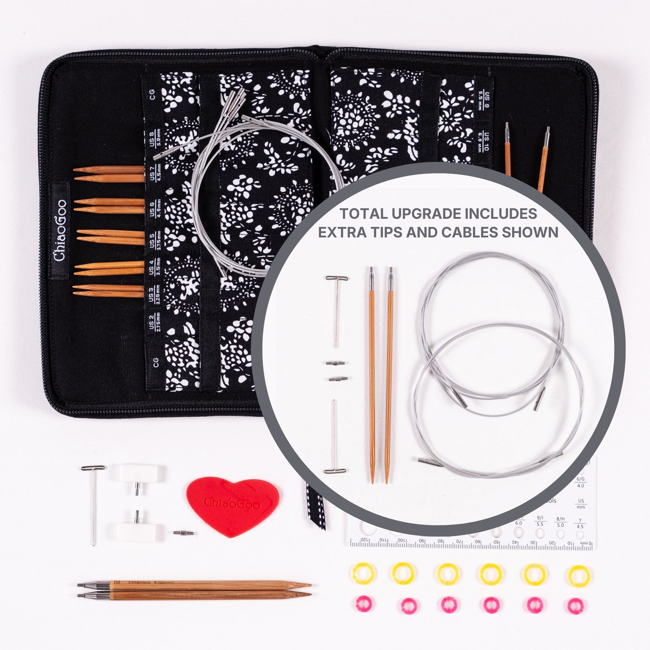 Flat lay of ChiaoGoo 5in Complete bamboo SPIN set of interchangeable knitting needles with case, tips, cables, and accessories on a white background with circle inset showing tips and cables upgrade option