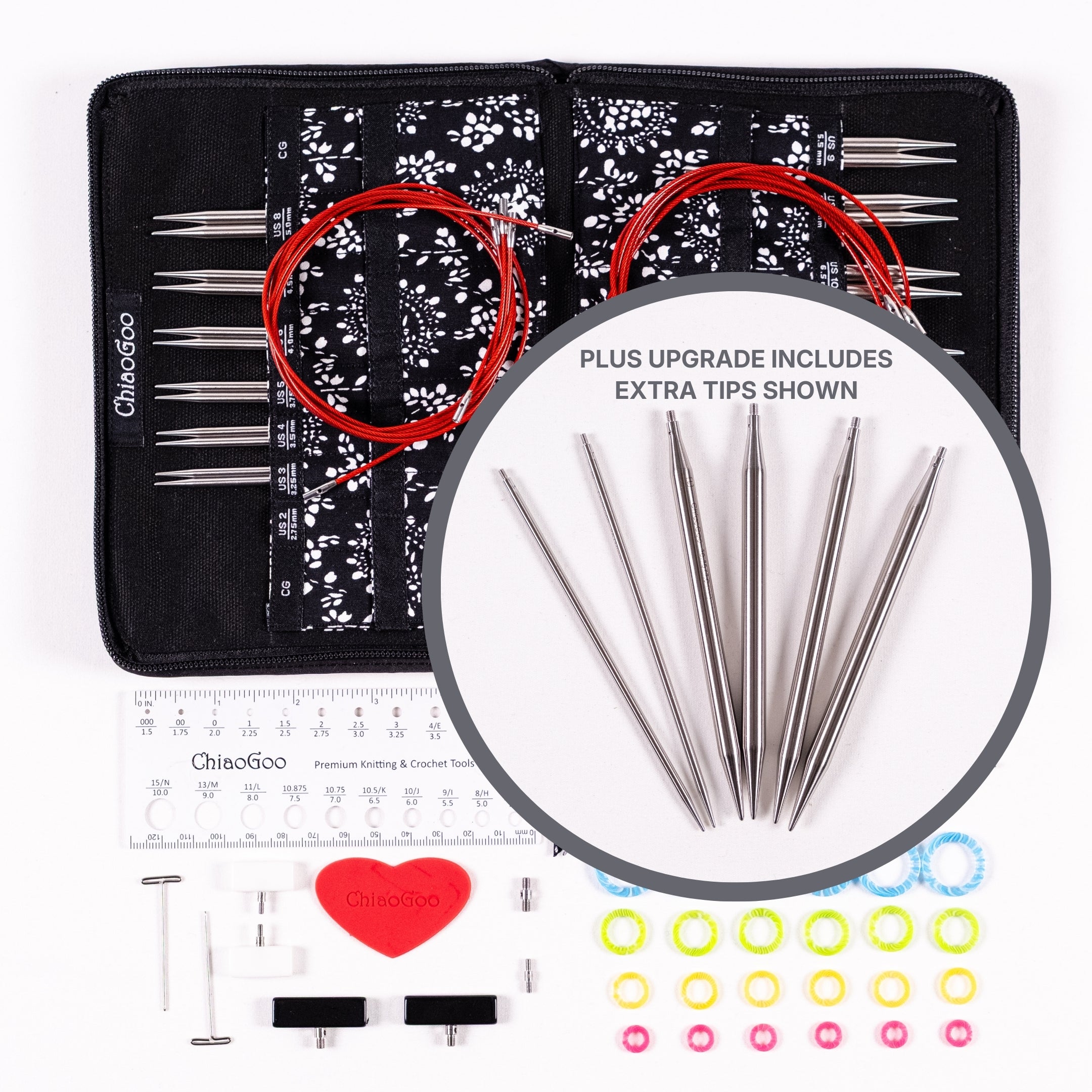 Flat lay of ChiaoGoo 5in Complete Stainless Steel set of interchangeable knitting needles with case, tips, cables, and accessories on a white background with circle inset showing tips upgrade option