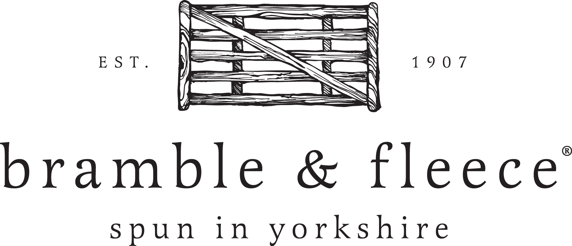 Bramble & Fleece logo with a black-and-white illustration of a wooden slatted gate above the text 'EST. 1907', 'bramble & fleece', and 'spun in yorkshire' on a white background.
