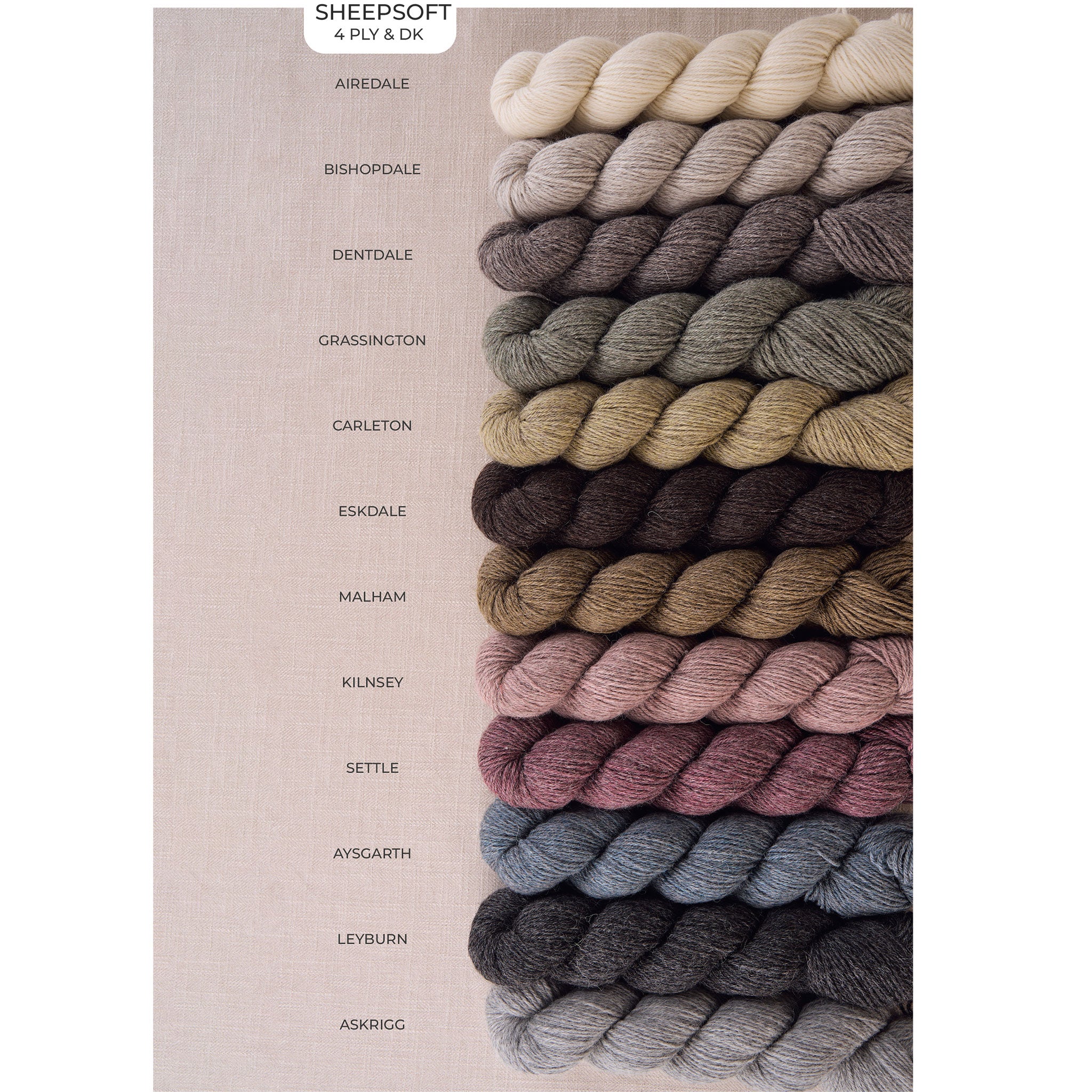 Sheepsoft yarn swatch chart with various color shades on a beige background
