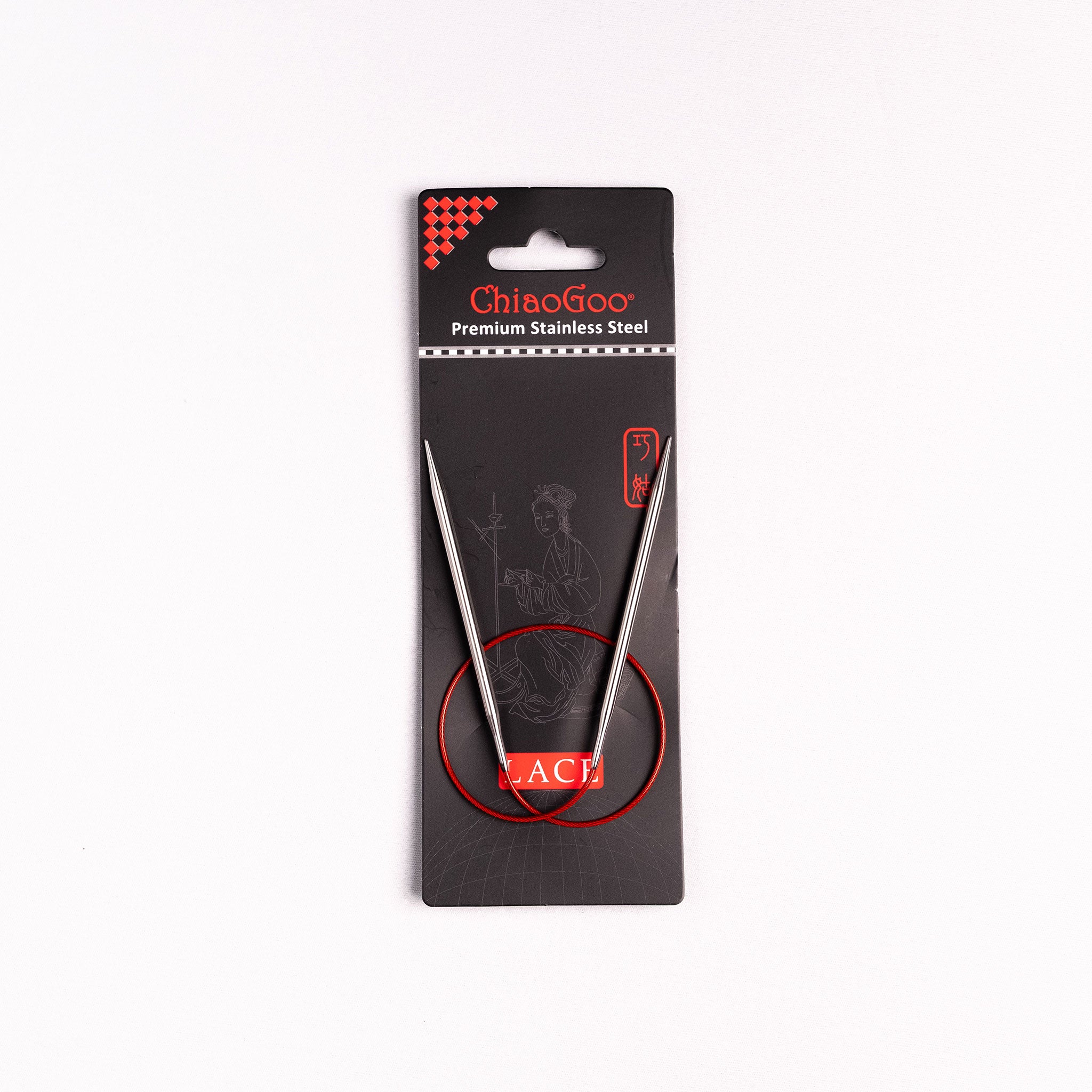 ChiaoGoo 16in Red Lace fixed circular showing coiled red cable placed on black packaging