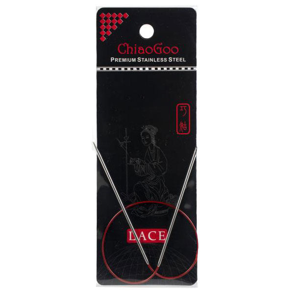 ChiaoGoo premium stainless steel lace knitting needles in packaging on a white background