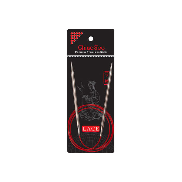 ChiaoGoo 40in Red Lace fixed circular knitting needle with red cable on black branded packaging
