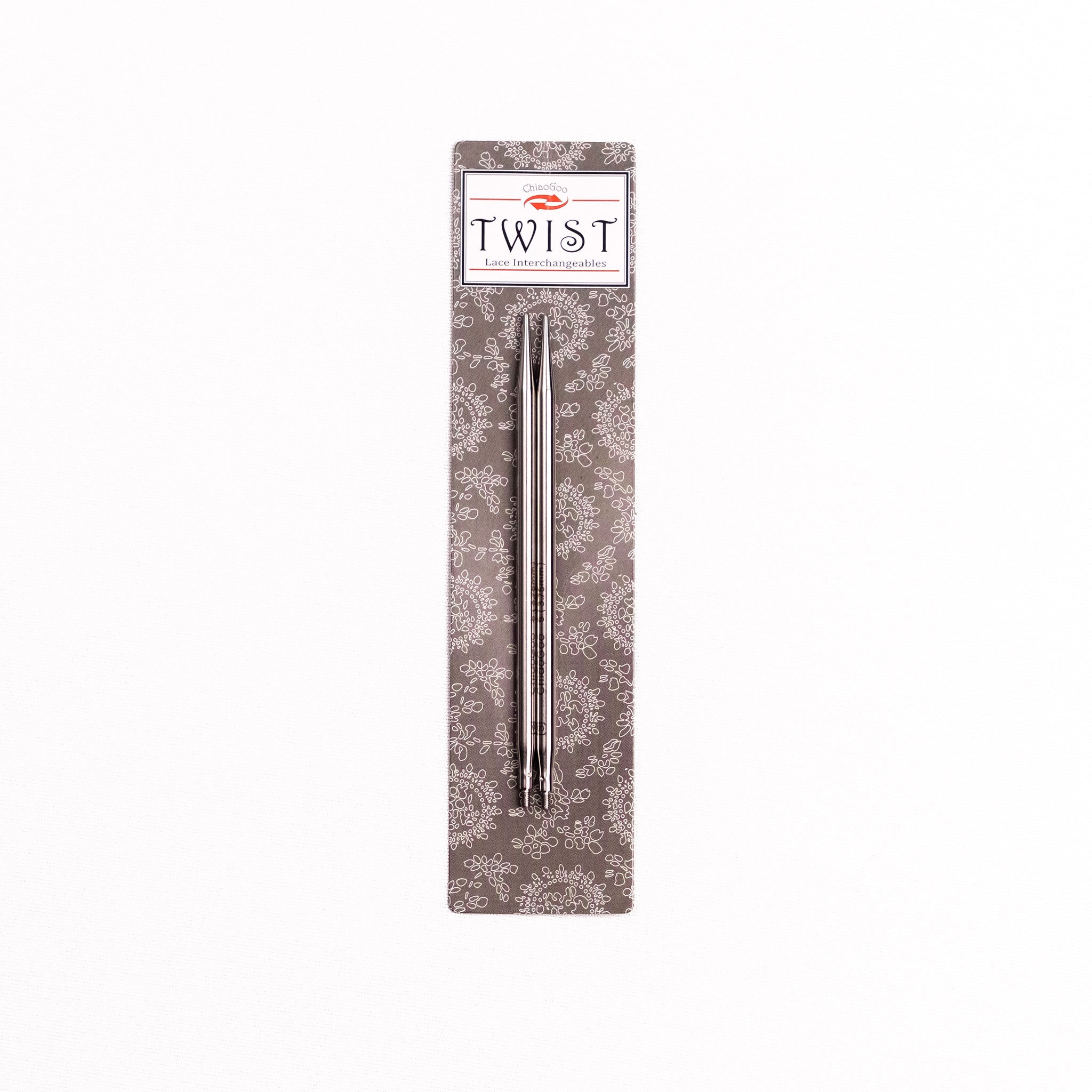 Pair of 4in long stainless steel interchangeable knitting tips on ChiaoGoo TWIST Lace Interchangeables product packaging