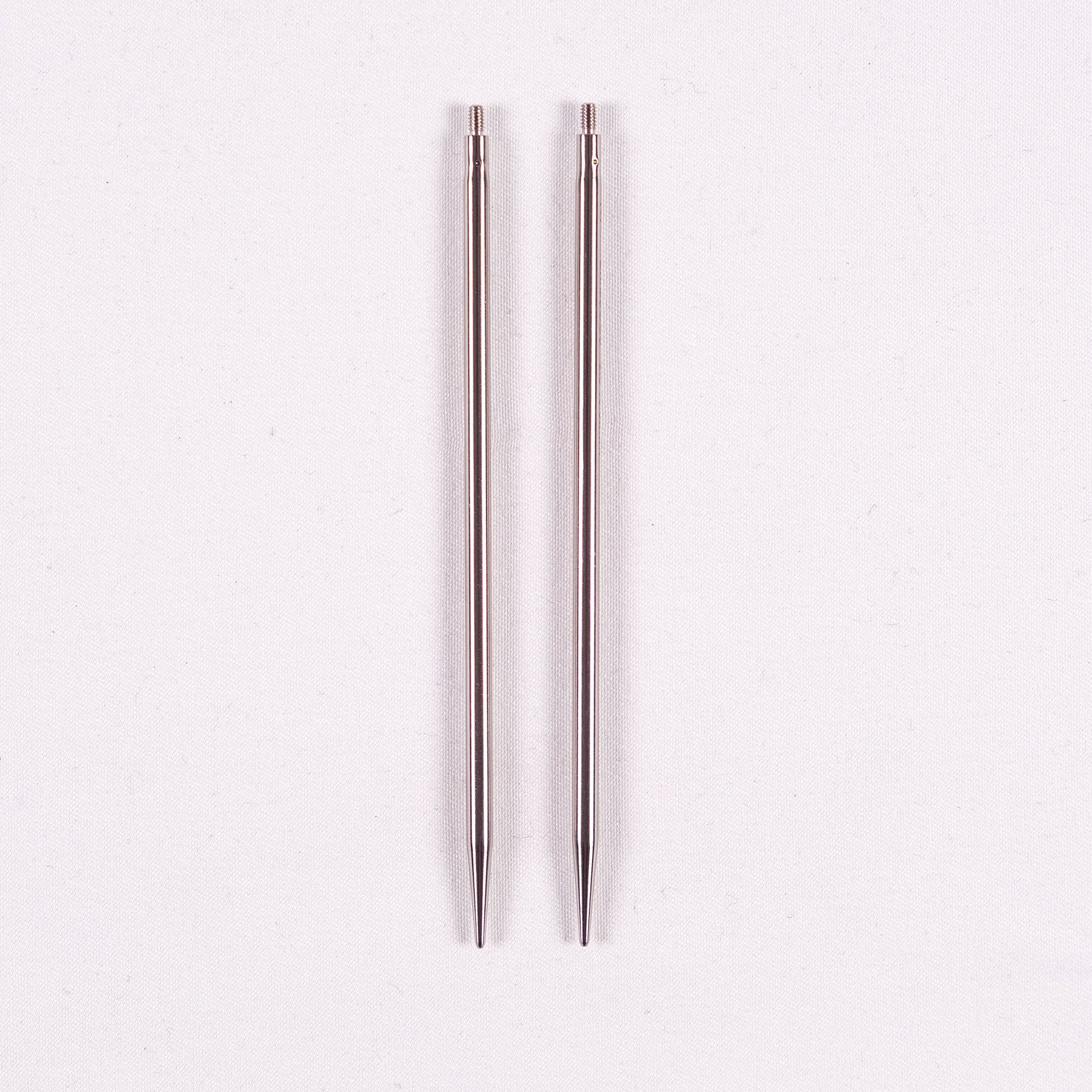 One pair of ChiaoGoo 4in long stainless steel interchangeable tips in size 3mm on white background