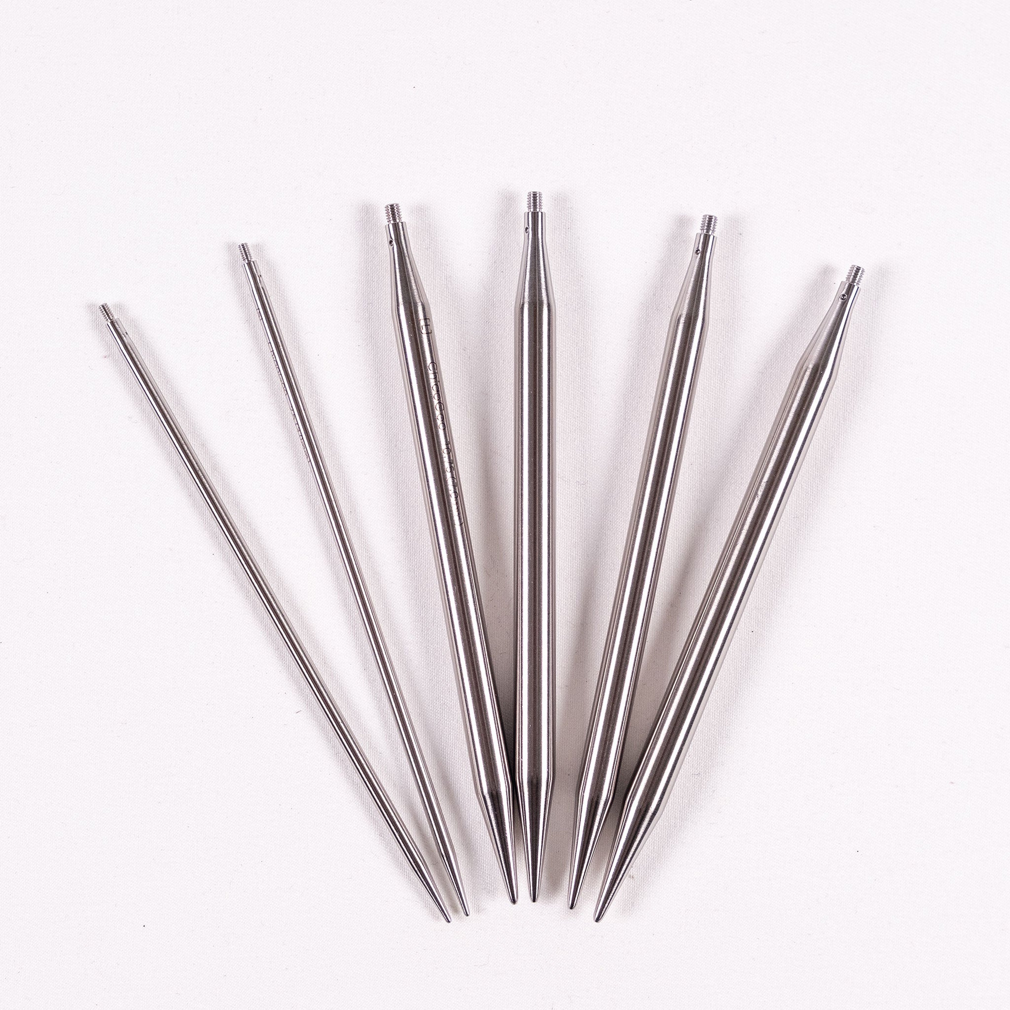 Three pairs of 5in long ChiaoGoo stainless steel interchangeable knitting needle tips in sizes 3mm, 7mm and 7.5mm on a white background