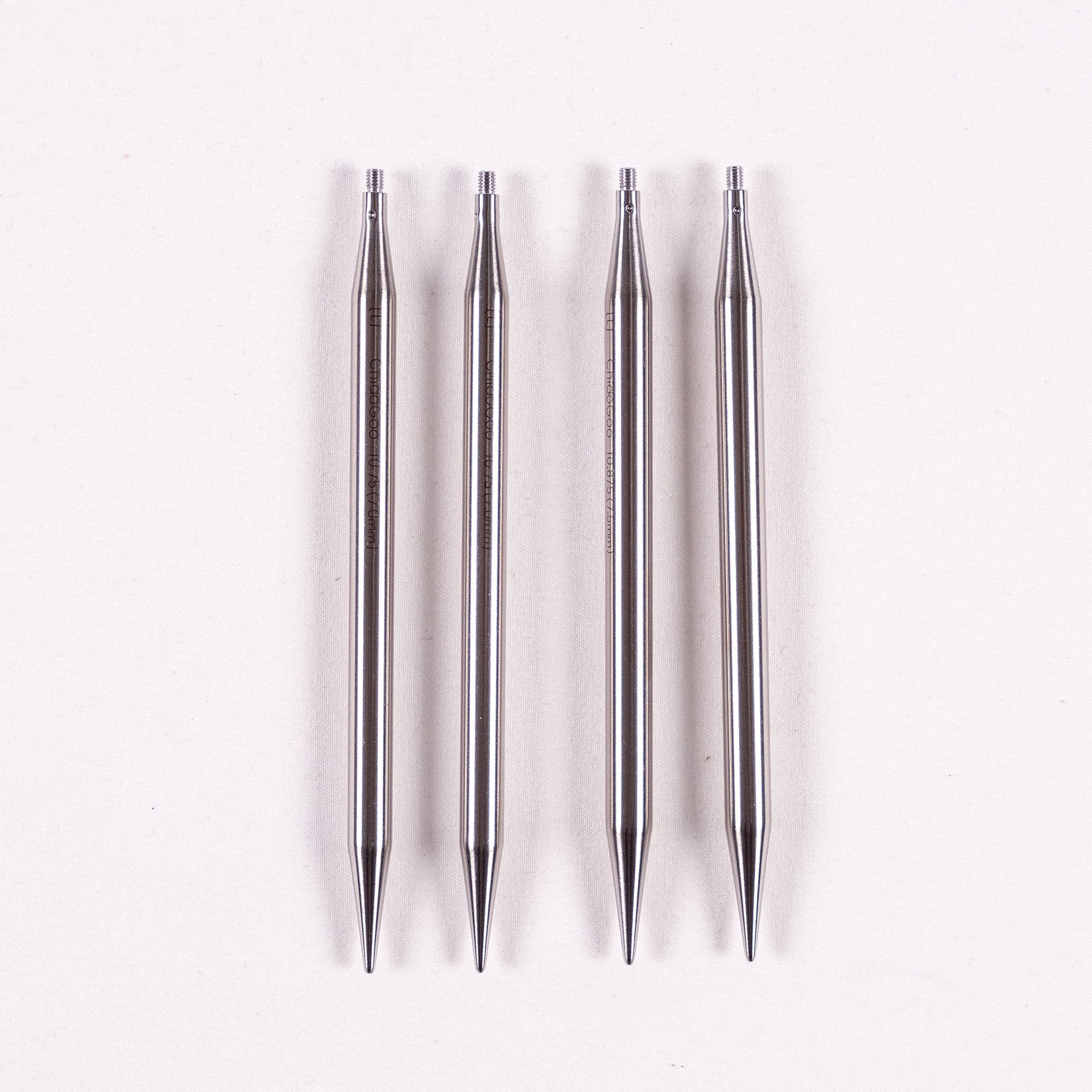 Two pairs of ChiaoGoo 5in long stainless steel interchangeable knitting needle tips in sizes 7mm and 7.5mm on a white background