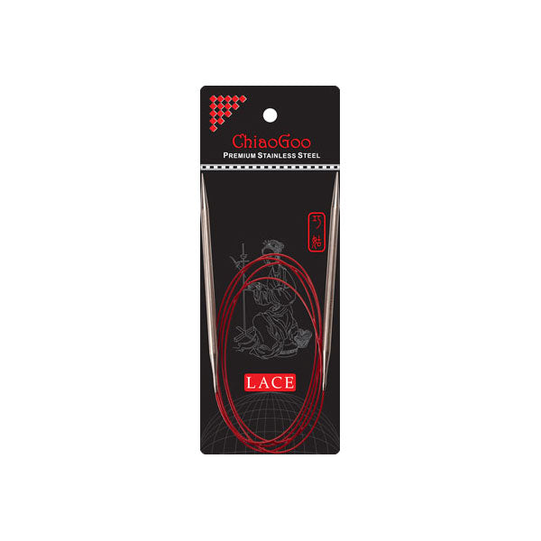 ChiaoGoo 60in stainless steel circular knitting needle with red cable on black branded packaging