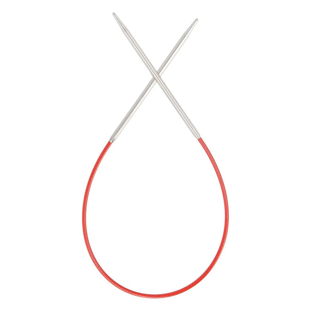 Red circular knitting needle with silver tips on a white background