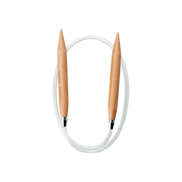 A ChiaoGoo extra large wooden circular knitting needle with clear nylon cable on a white background