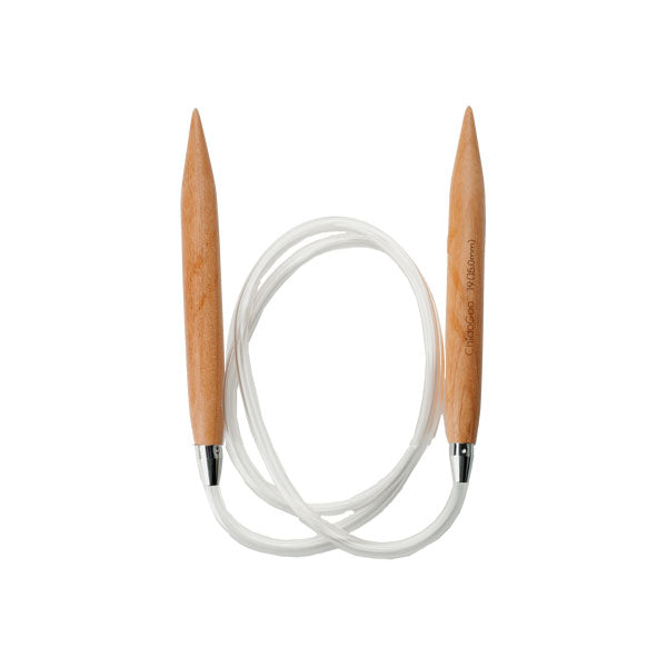 A ChiaoGoo extra large wooden circular knitting needle with clear nylon cable on a white background