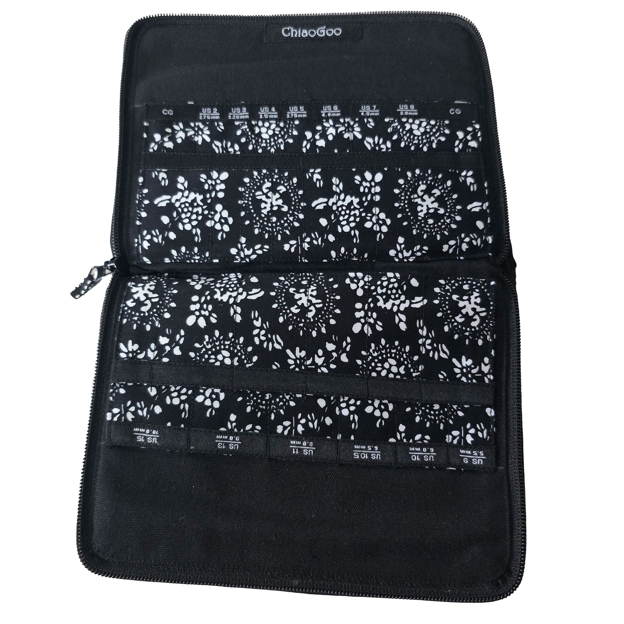 Interior of ChiaoGoo interchangeable case showing double rows of tip pockets, some labelled with the tip size and some blank