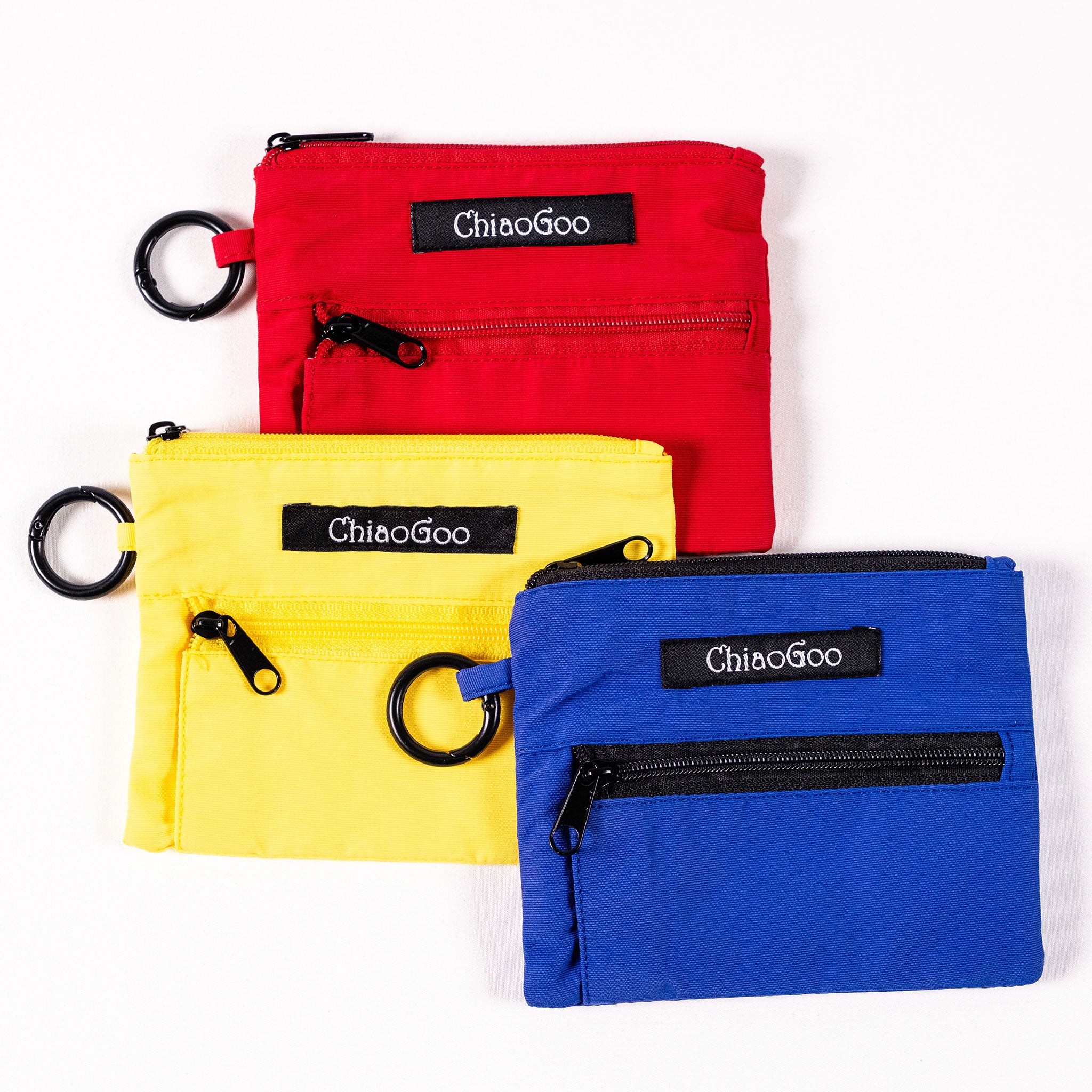 Three colorful pouches (red, yellow, blue) with 'ChiaoGoo' branding on a white background.