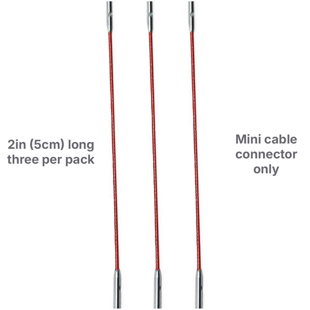 Three ChiaoGoo red lace cables with silver connectors on a white background, labelled as 'Mini cable connector only'.