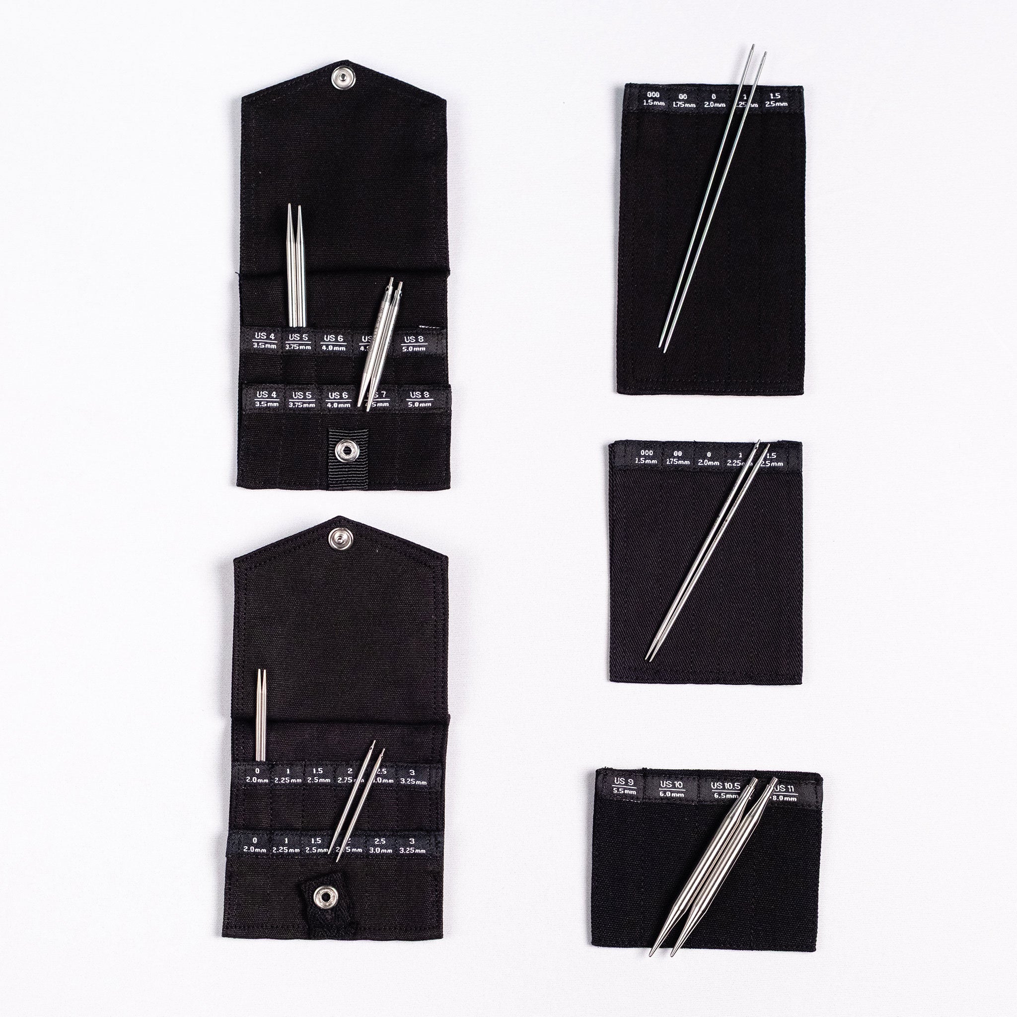 Five black labelled tip sleeves each example has tips to demonstrate the length / size suited for the sleeve