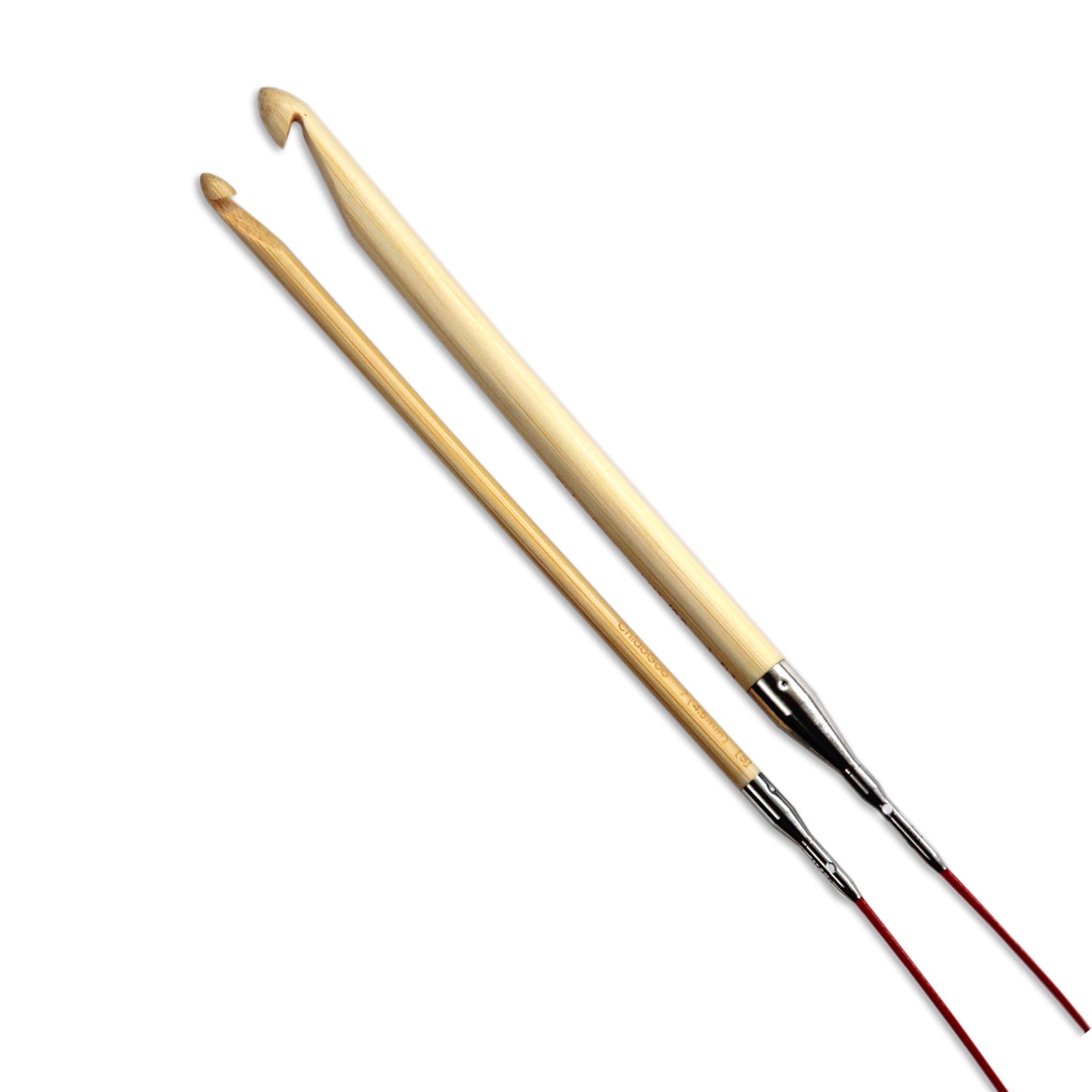 Two ChiaoGoo T-SPIN interchangeable crochet hooks connected to small TWIST red lace cables, the larger right hand hhok tip is connected to a Large Tip to Small Cable Adaptor before connection to red cable