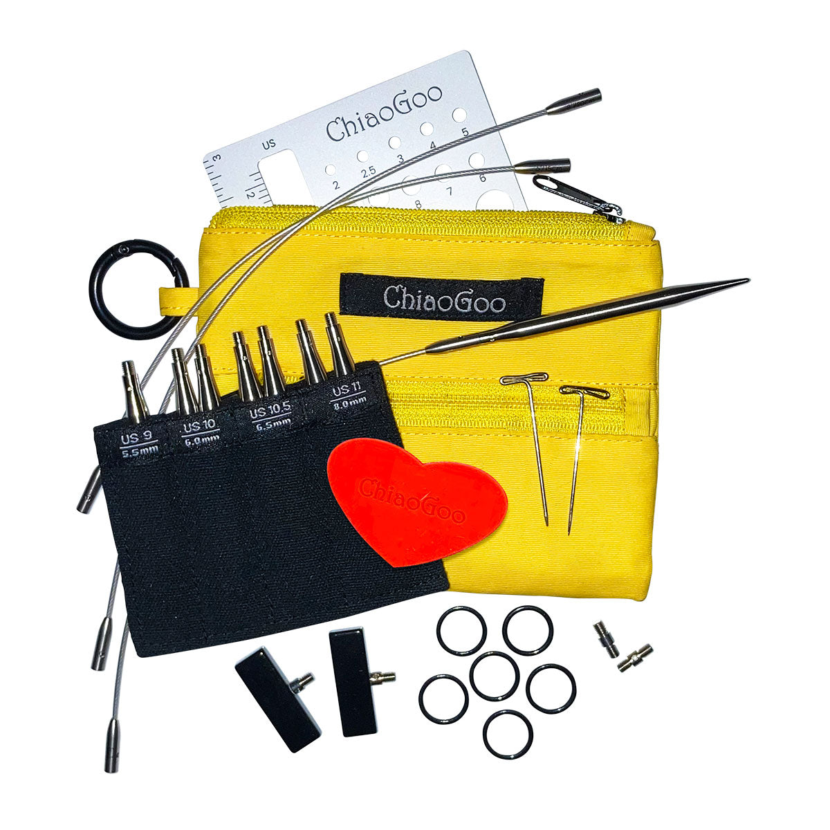 ChiaoGoo yellow shorties set, yello nylon pouch with black cotton tip sleeve showing 4 pairs of interchangeable knitting needle tips, red heart gripper, 2 silver cables, 6 black stitch markers, pair end stoppers, 2 end stoppers