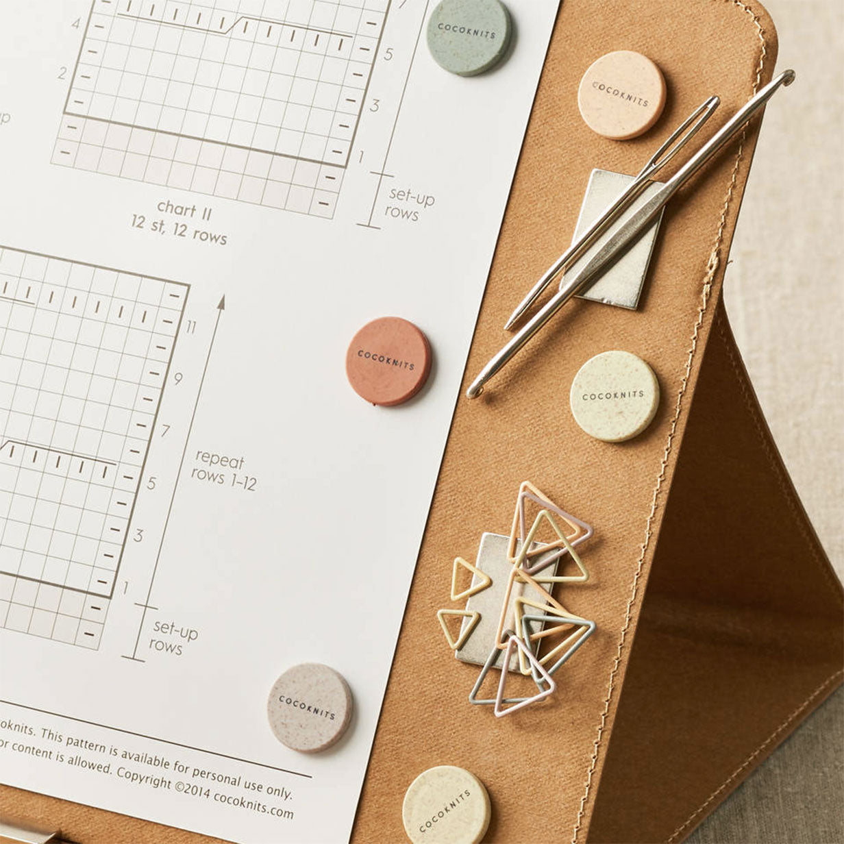 Cocoknits kraft coloured Maker's Board with colourful magnets in use