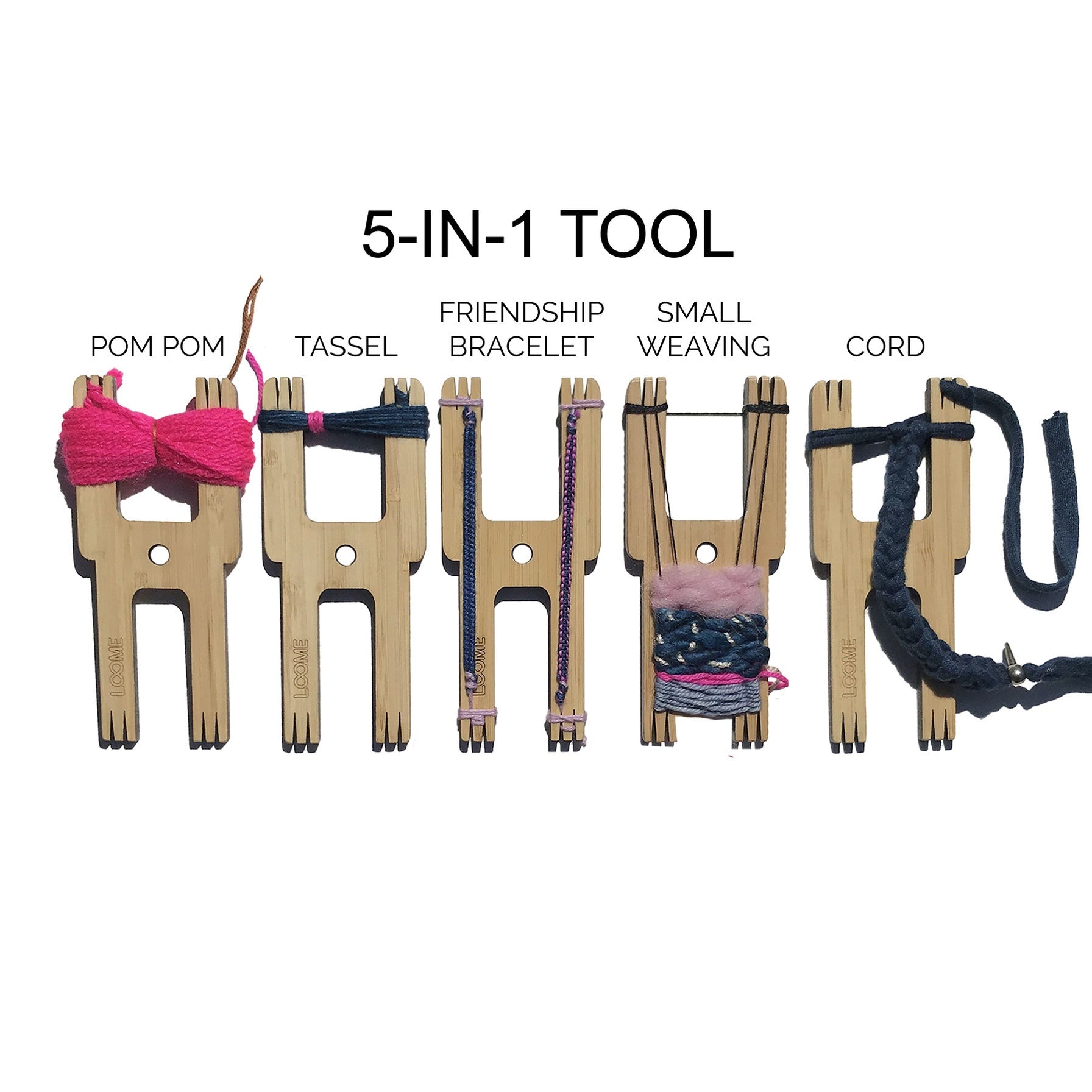 Five Loome bamboo "H" shaped tools lying adjacent to each other on a white background showing pom pom, tassel, friendship bracelelt, small weaving and cord making in progress on each