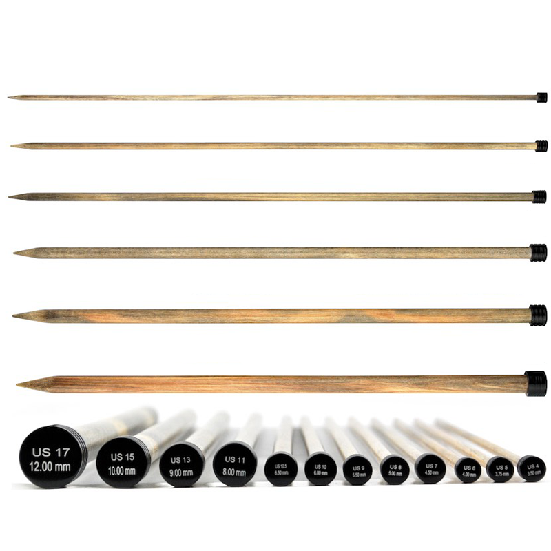 LYKKE 10in long Driftwood straight single point knitting needles. Top to bottom, a row of six different sizes of single knitting needles ranging in size from 3.5mm up to 12mm. Across bottom, left to right, the round, black end finial with US and metric size laser etched in white showing sizes, 122m, 10mm, 9mm, 6.5mm, 6mm, 5.5mm, 5mm, 4.5mm, 4mm, 3.75mm and 3.5mm.