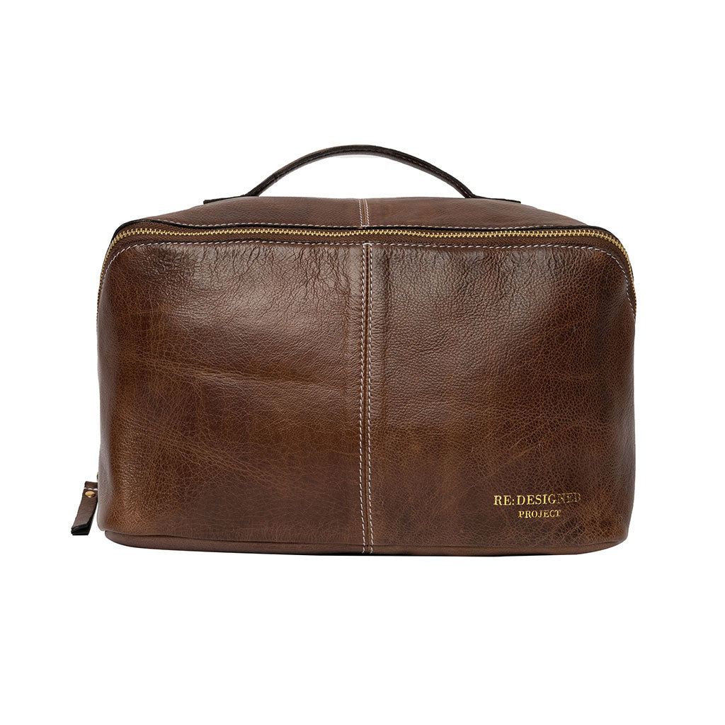 Woodsmoke dark brown leather knitting project bag with RE:DESIGNED logo