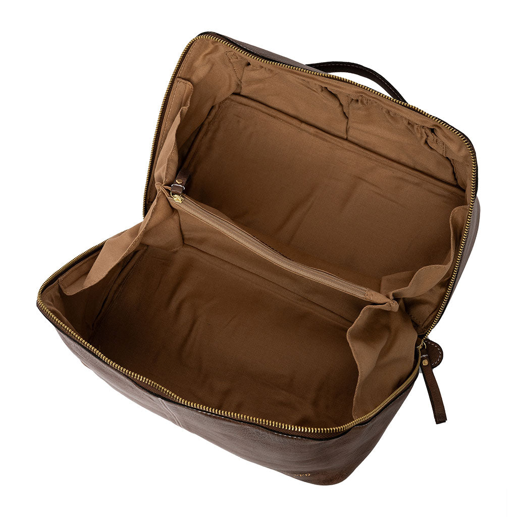 Ecru coloured cotton lining interior of woodsmoke dark brown leather knitting project bag