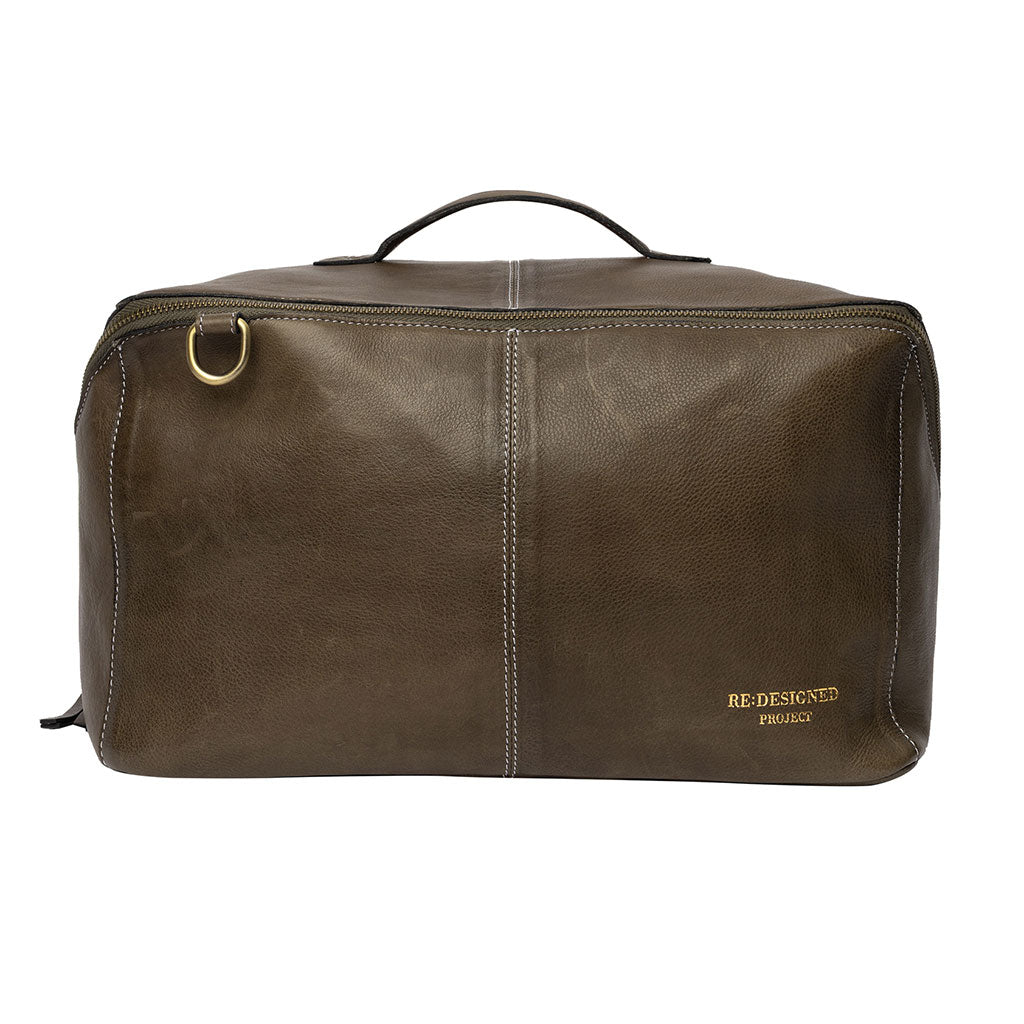 Face view of dark green leather organiser project bag with RE:DESIGNED PROJECT logo on a white background
