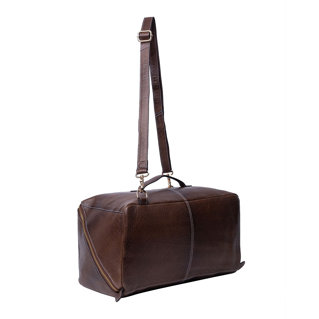 Woodsmoke brown XL leather organiser project bag with a strap on a white background