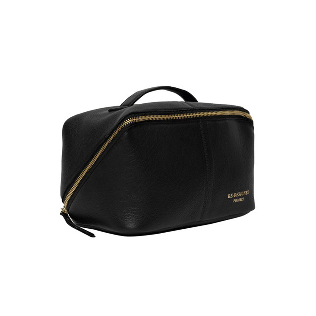 Black leather knitting project bag with gold zipper on a white background