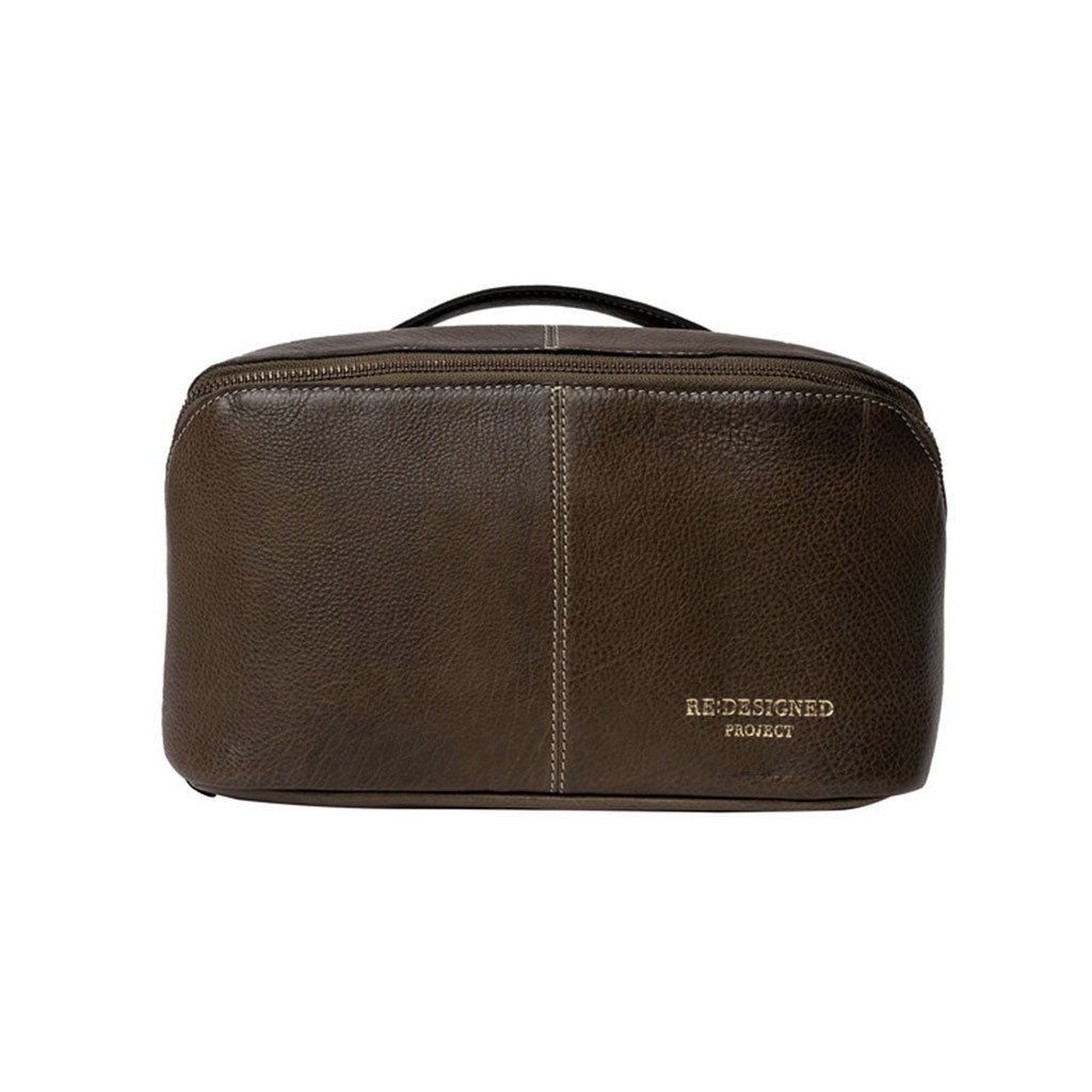 Dark green leather project bag with 'RE:DESIGNED' branding on a white background