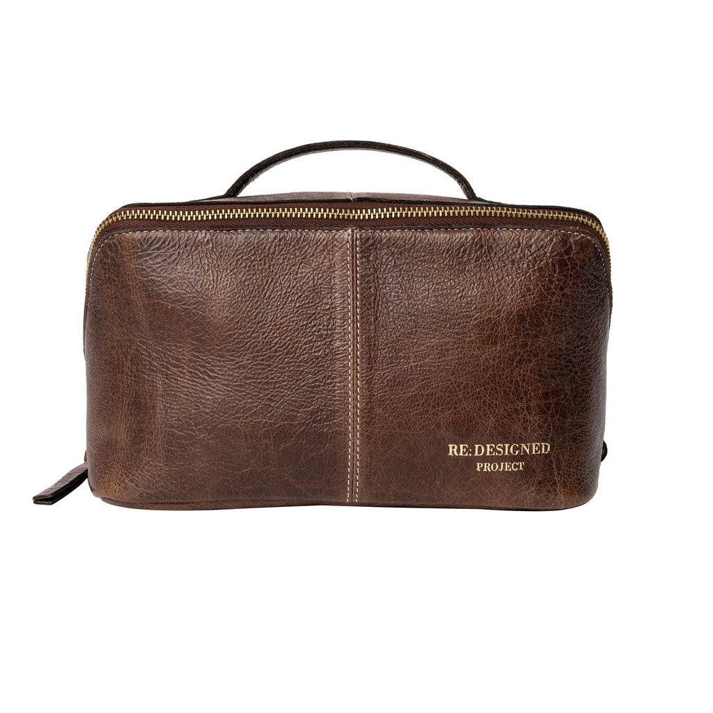 Face view of woodsmoke dark brown leather knitting project bag with brass zip and contrast stitching detail