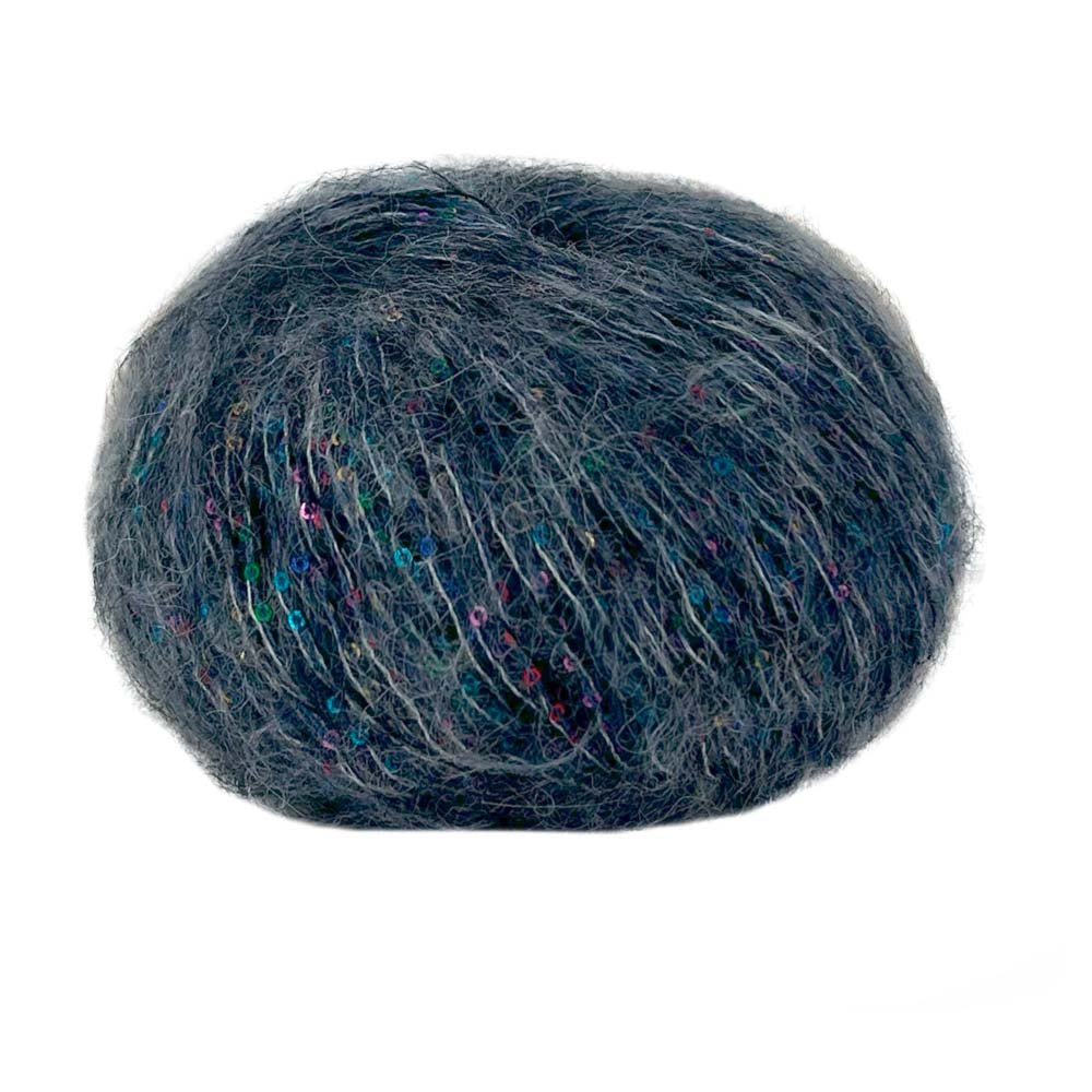 Ball of Lana Gatto Sacher yarn in dark blue shade with sparkling microsequins showing the mohair and alpaca blend halo