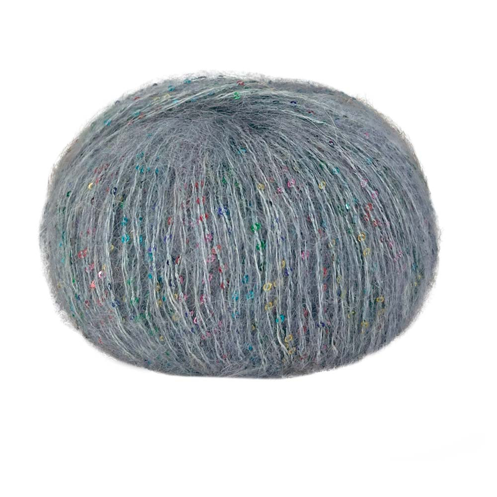 Ball of Lana Gatto Sacher yarn in sky blue shade with sparkling microsequins showing the mohair and alpaca blend halo