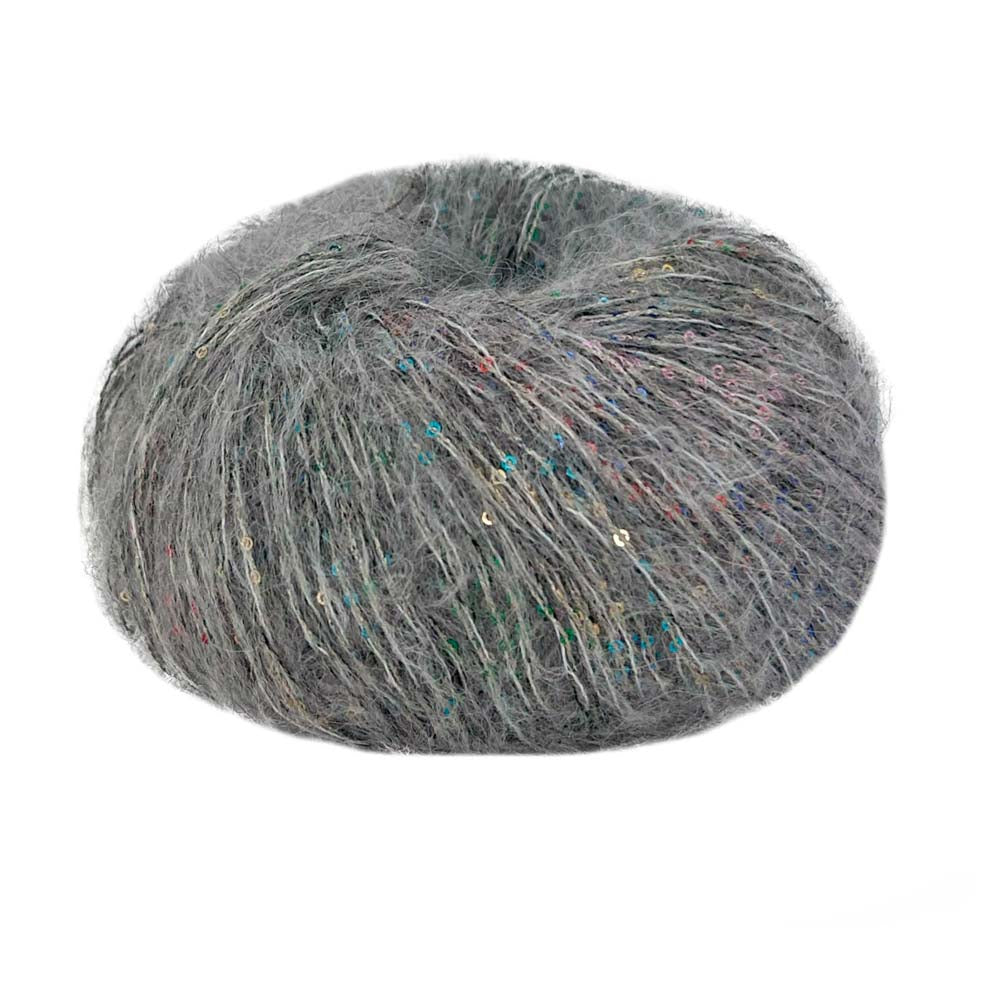 Ball of Lana Gatto Sacher yarn in dark grey shade with sparkling microsequins showing the mohair and alpaca blend halo