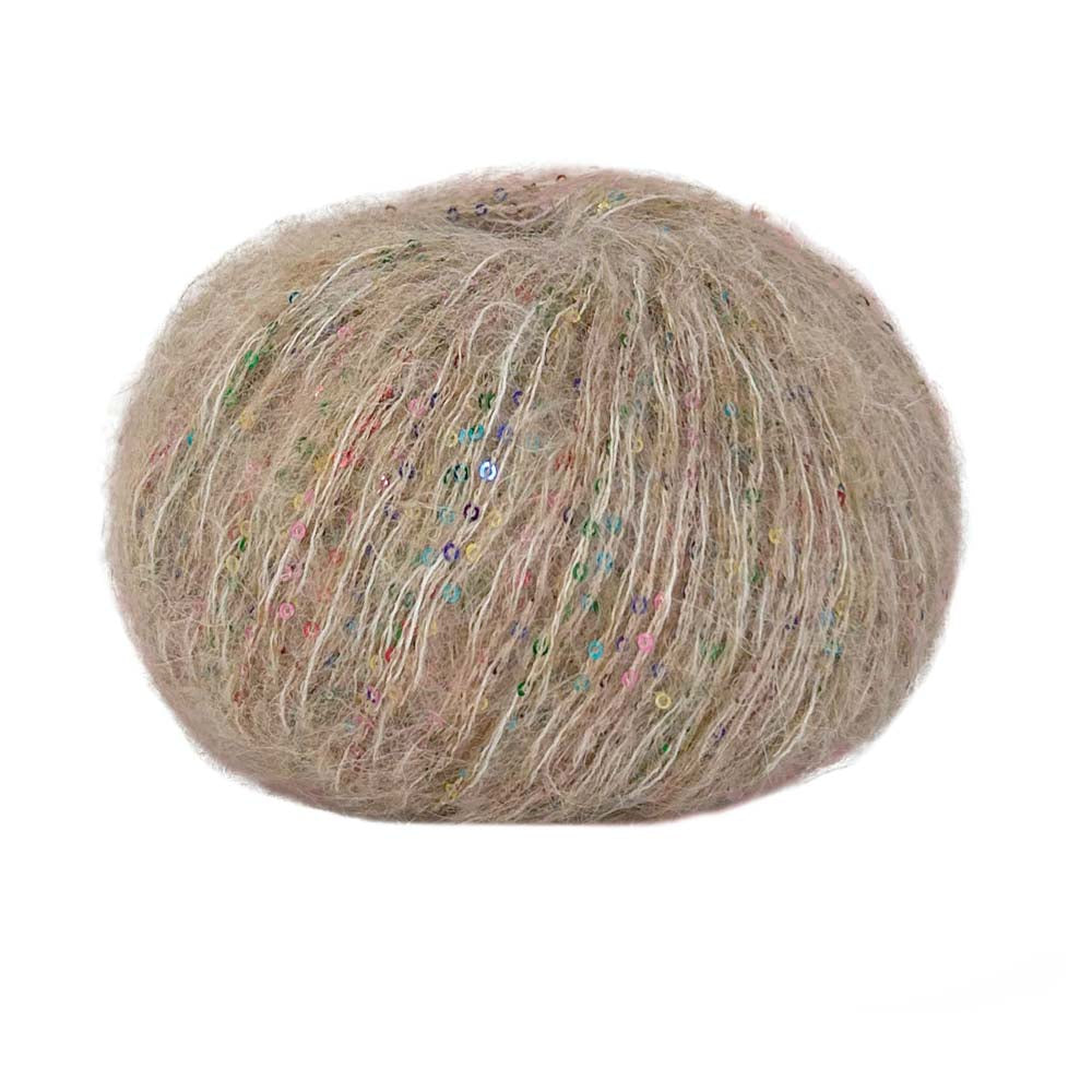 Ball of Lana Gatto Sacher yarn in sand shade with sparkling microsequins showing the mohair and alpaca blend halo