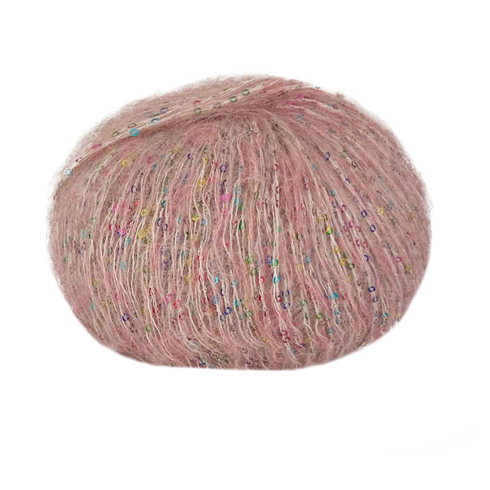 Ball of Lana Gatto Sacher yarn in pink shade with sparkling microsequins showing the mohair and alpaca blend halo