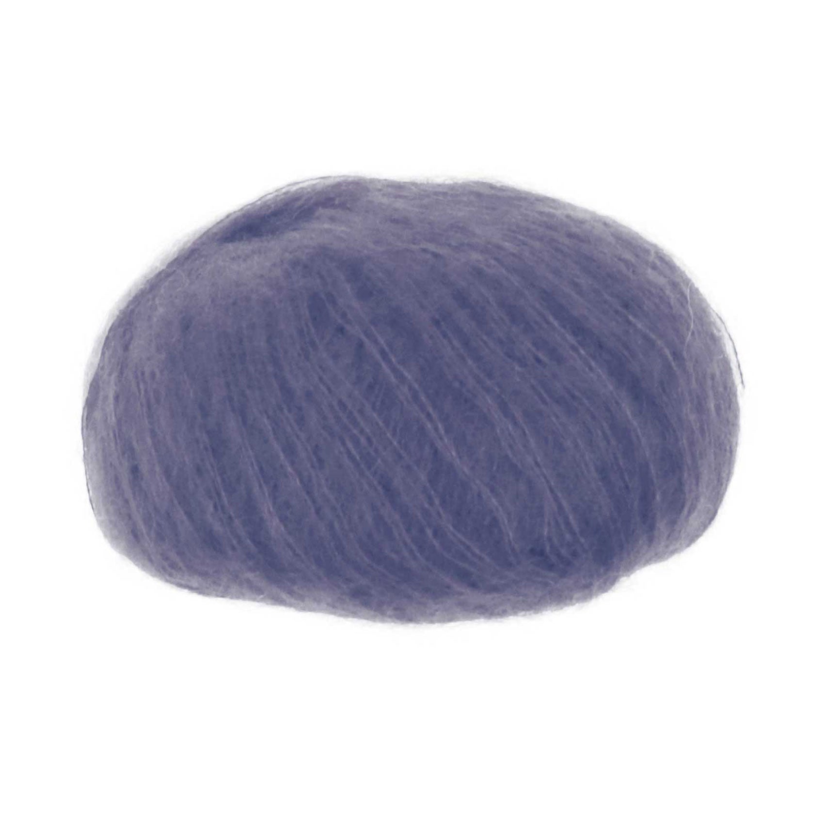 A ball of yarn showing mohair halo in shade ink (violet blue)