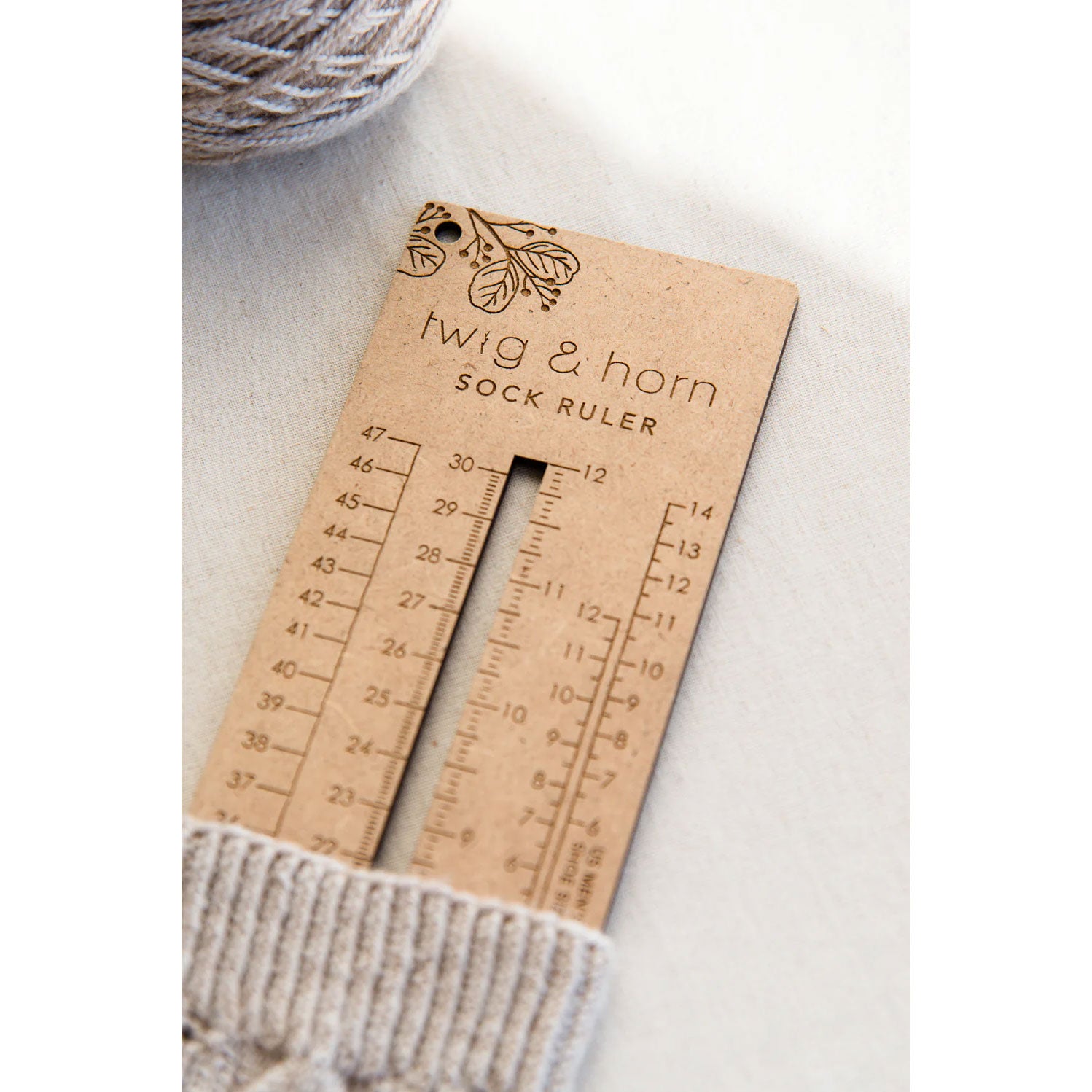 Twig & Horn sock sizing ruler showing inches and centimetres