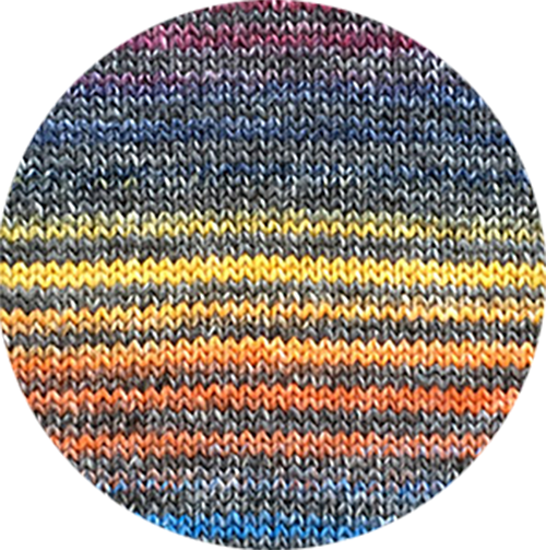 Multicolored knitted striped fabric swatch on a white background