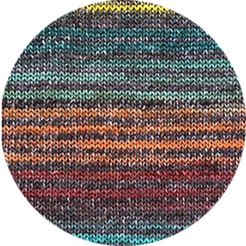 Multicolored knitted striped fabric swatch on a white background