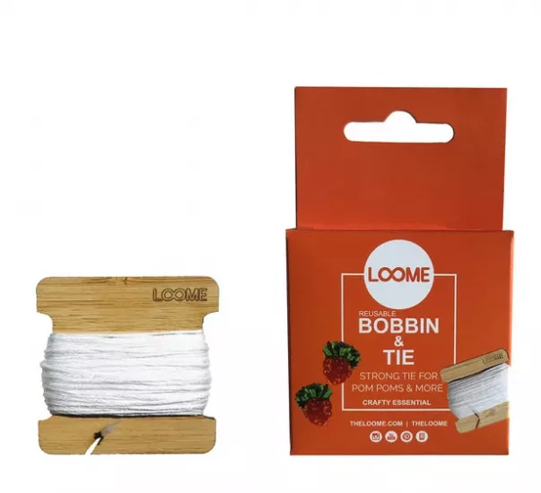 Loome Bobbin and Tie | strong tie for pom poms and more | crafty essential | reusable wooden bobbin | 15.25m floss - Click Image to Close
