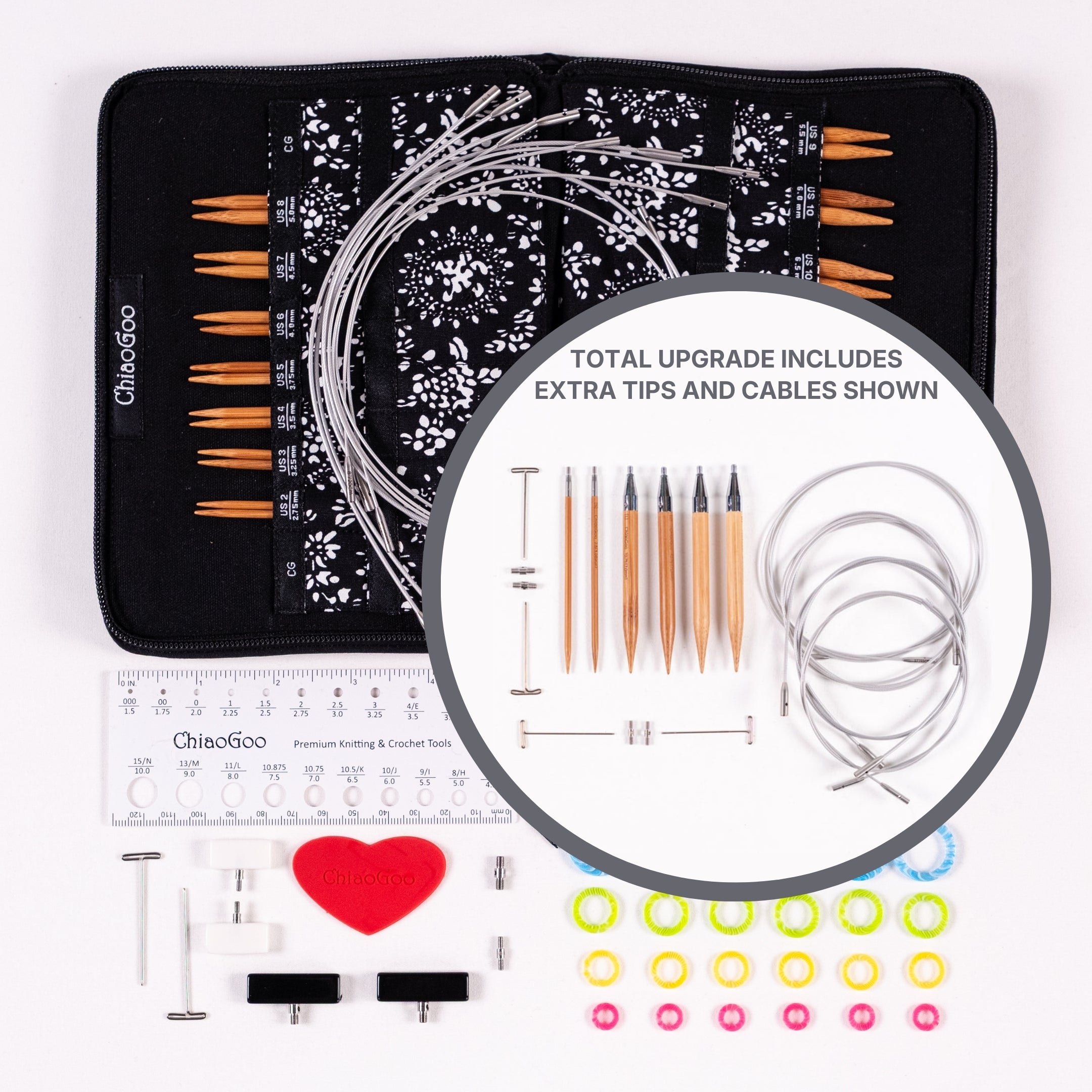 Flat lay of ChiaoGoo 4in Complete SPIN bamboo set of interchangeable knitting needles with case, tips, cables, and accessories on a white background with circle inset showing tips and cables upgrade option