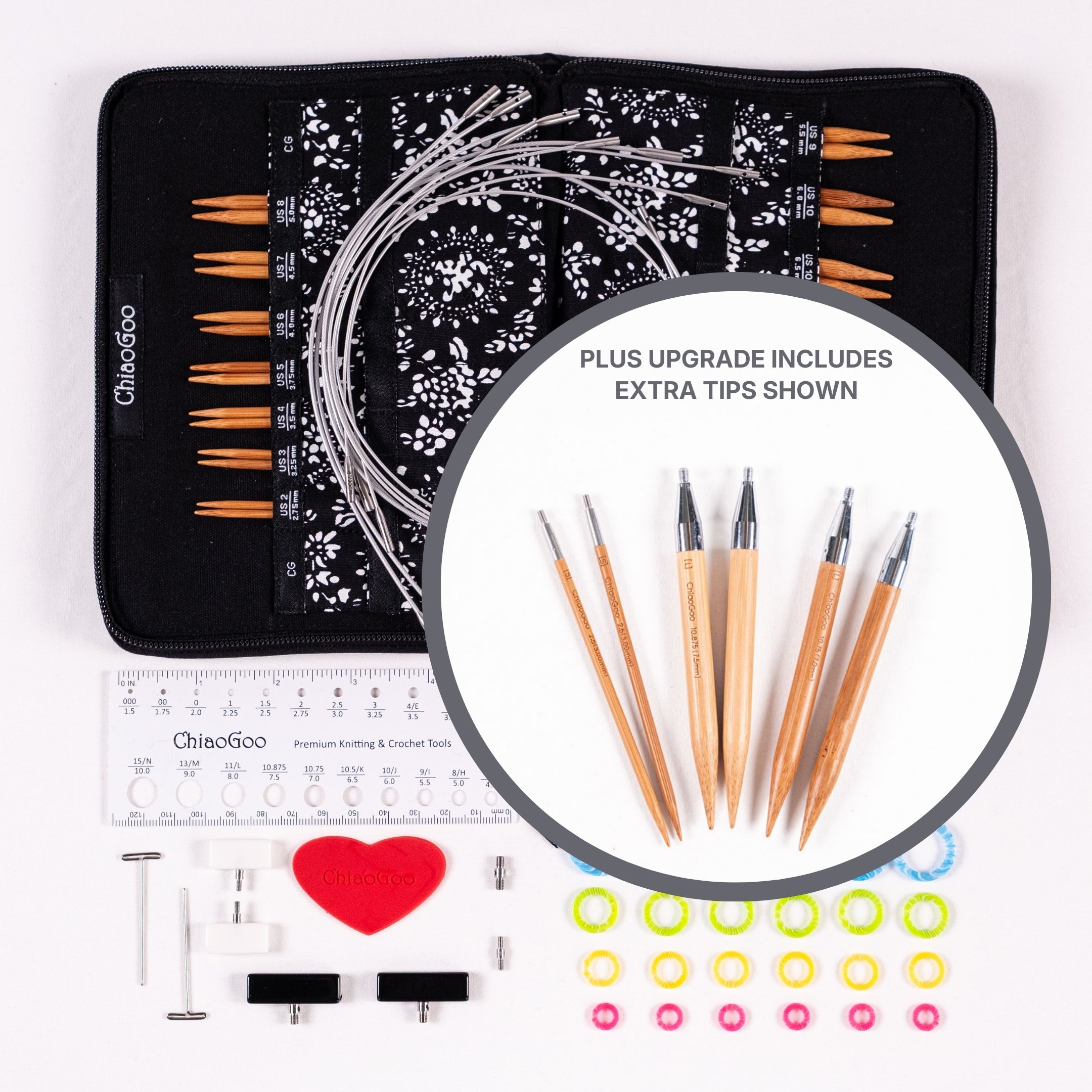 Flat lay of ChiaoGoo 4in Complete bamboo SPIN set of interchangeable knitting needles with case, tips, cables, and accessories on a white background with circle inset showing tips upgrade option