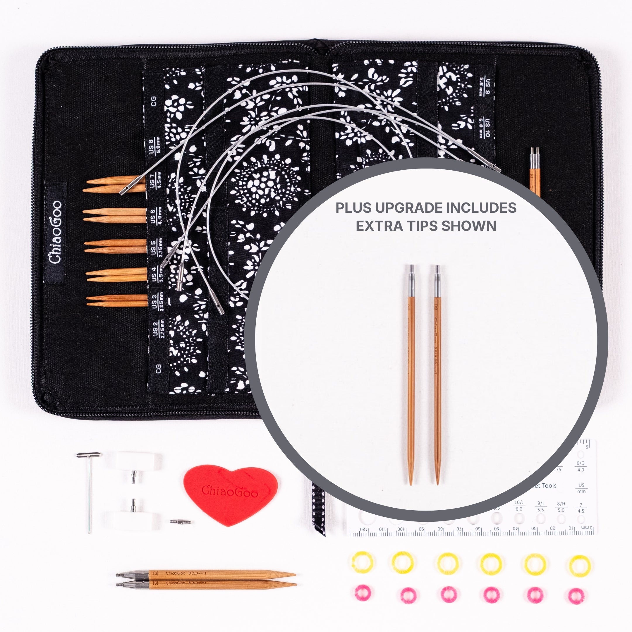 Flat lay of ChiaoGoo 4in Small bamboo SPIN set of interchangeable knitting needles with case, tips, cables, and accessories on a white background with circle inset showing tips upgrade option