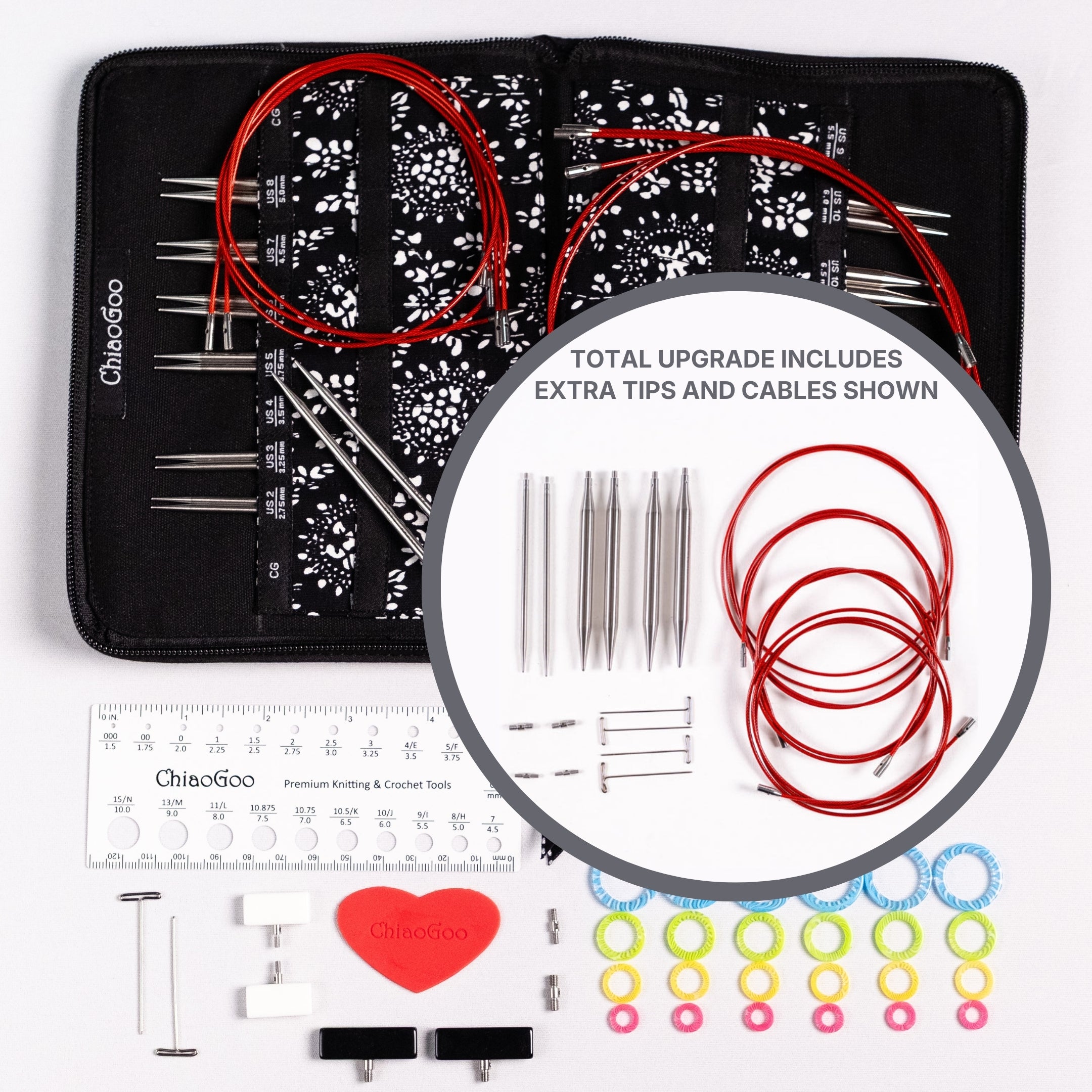 Flat lay of ChiaoGoo 4in Complete Stainless Steel set of interchangeable knitting needles with case, tips, cables, and accessories on a white background with circle inset showing tips and cables upgrade option